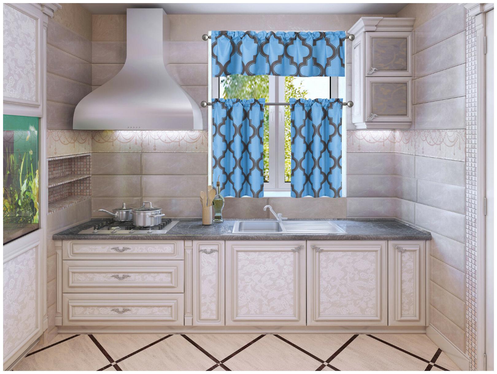 

3PC SET FAUX SILK SMALL KITCHEN WINDOW CURTAIN GEOMETRIC PRINTED LINED BLACKOUT