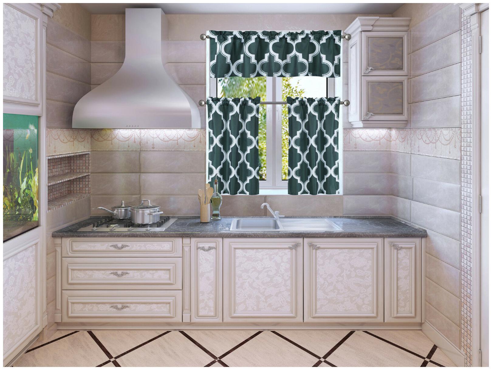 

3PC SET FAUX SILK SMALL KITCHEN WINDOW CURTAIN GEOMETRIC PRINTED LINED BLACKOUT
