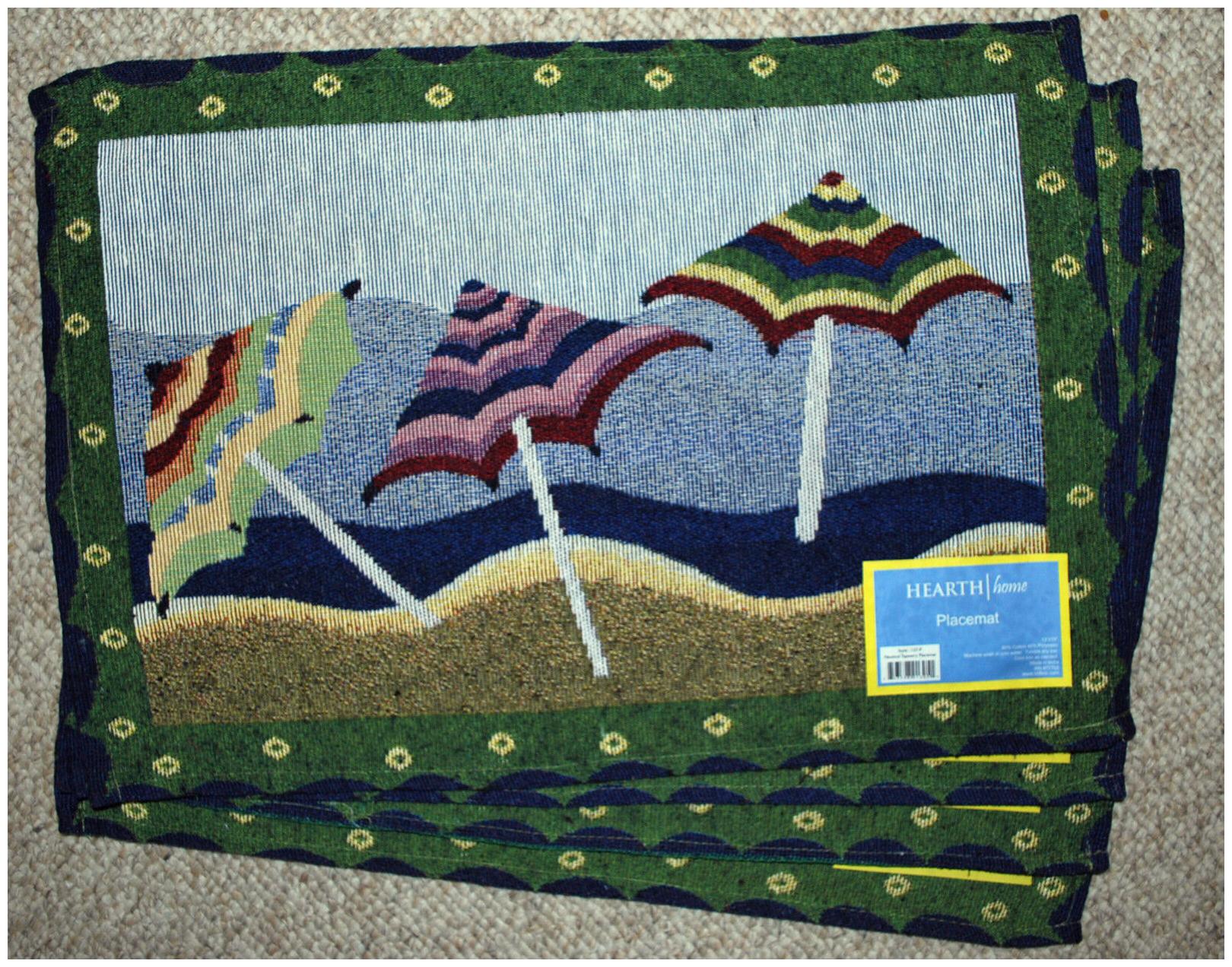 

4 COTTON TAPESTRY PLACE MATS SEASHORE BEACH SUMMER UMBRELLAS MULTI COLOR NWT