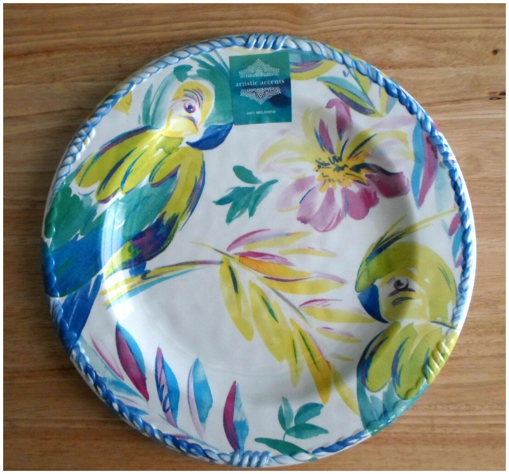 

4pc Set Tropical Cockatoos Dinner Plates Melamine 11 Palm Leaves Rope Edge New