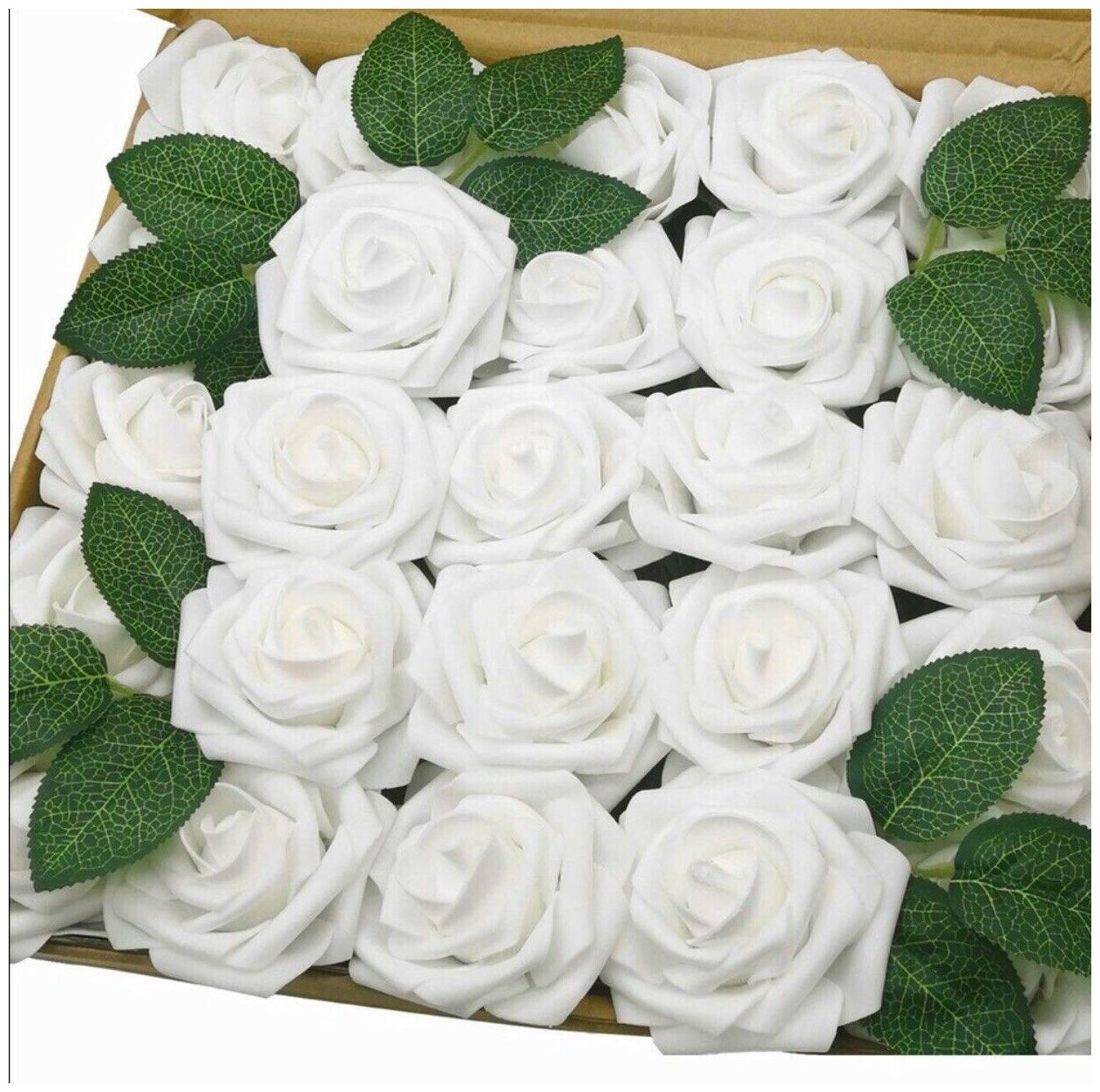 

50 Pcs Artificial Rose Flower Heads For Weddings Indoor Outdoor Decor White