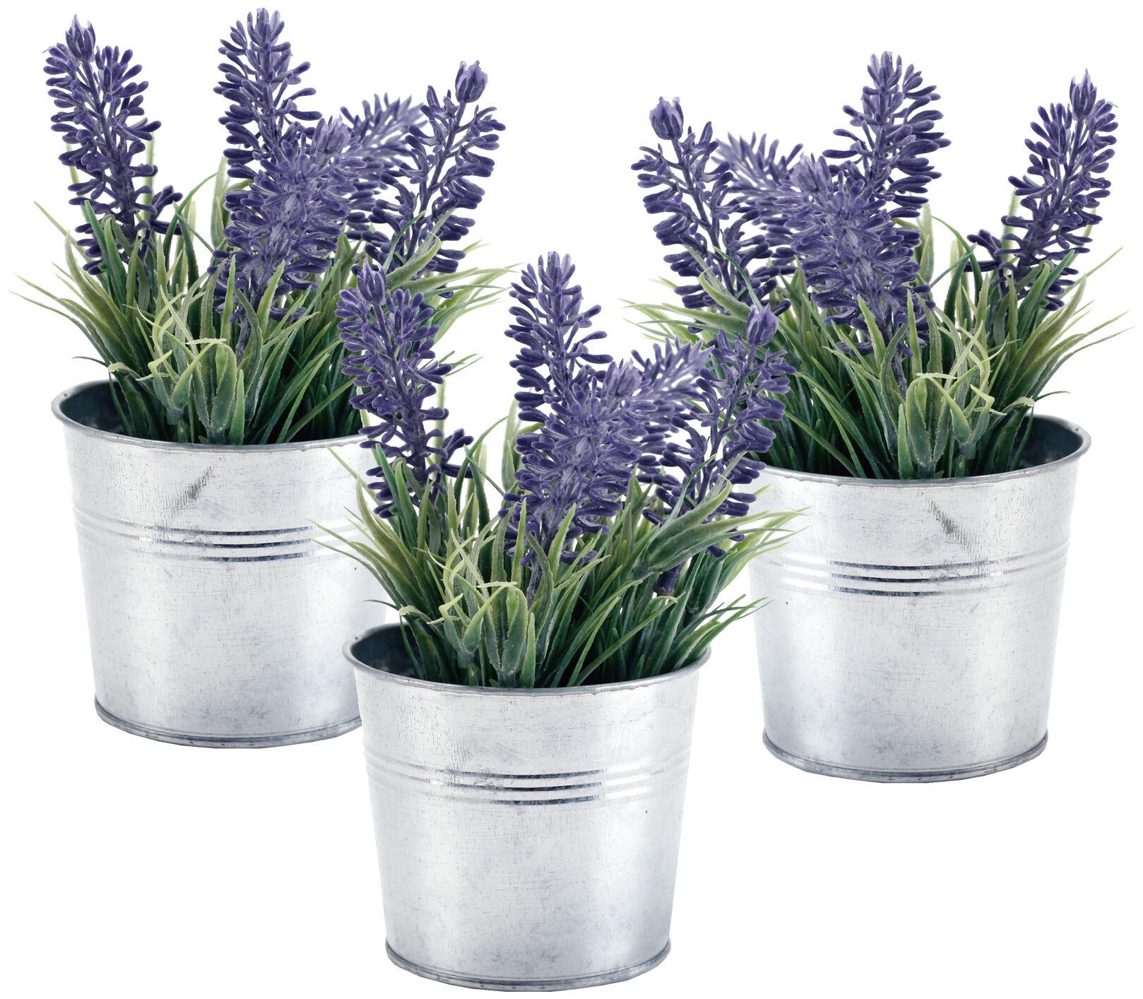 

6-inch Artificial Lavender Plant Faux Flowers with Metal Planter Pot Set of 3