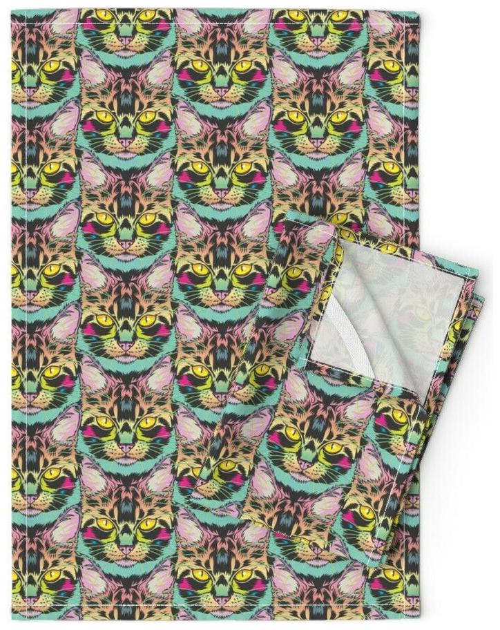 

80S Cat Rad Bright Kitty Cats Linen Cotton Tea Towels by Roostery Set of 2