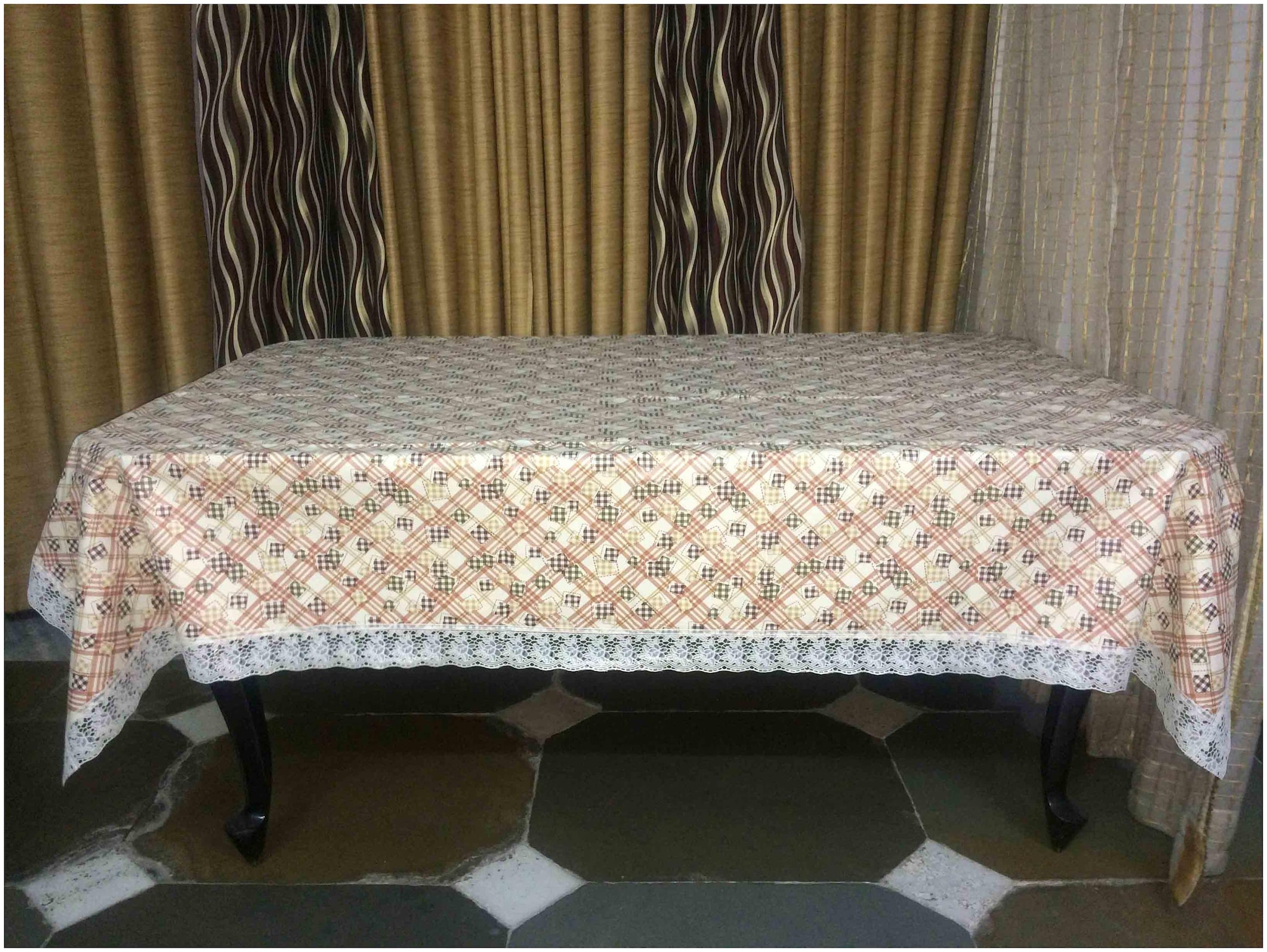 

A H 6 Seater Rectangle Plastic Checks Dining Table Protector Cover - Multi Color Set of 1 Pc