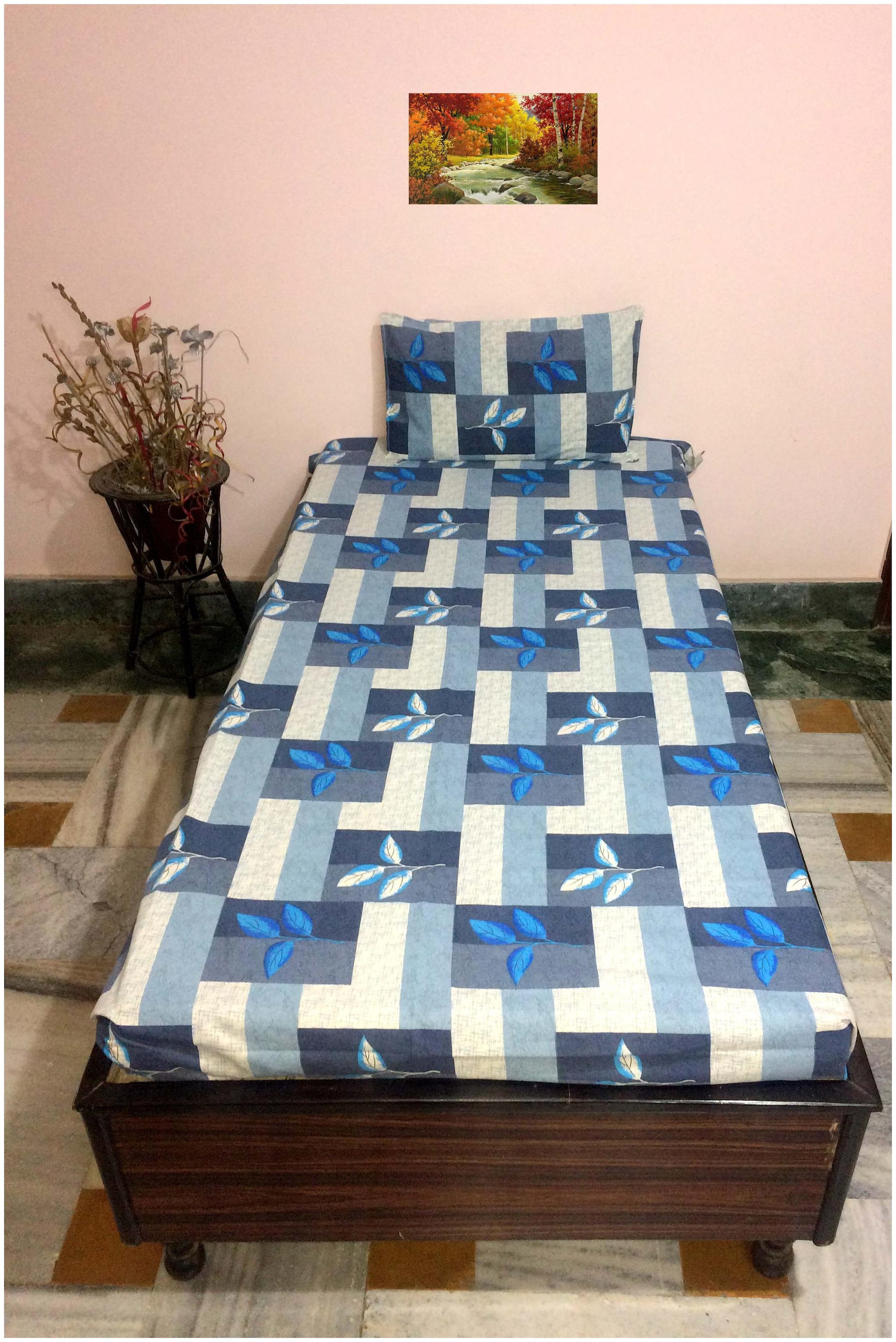 

A H ENTERPRISES Cotton Floral Single Size Bedsheet 200 TC ( 1 Bedsheet With 1 Pillow Covers Blue )