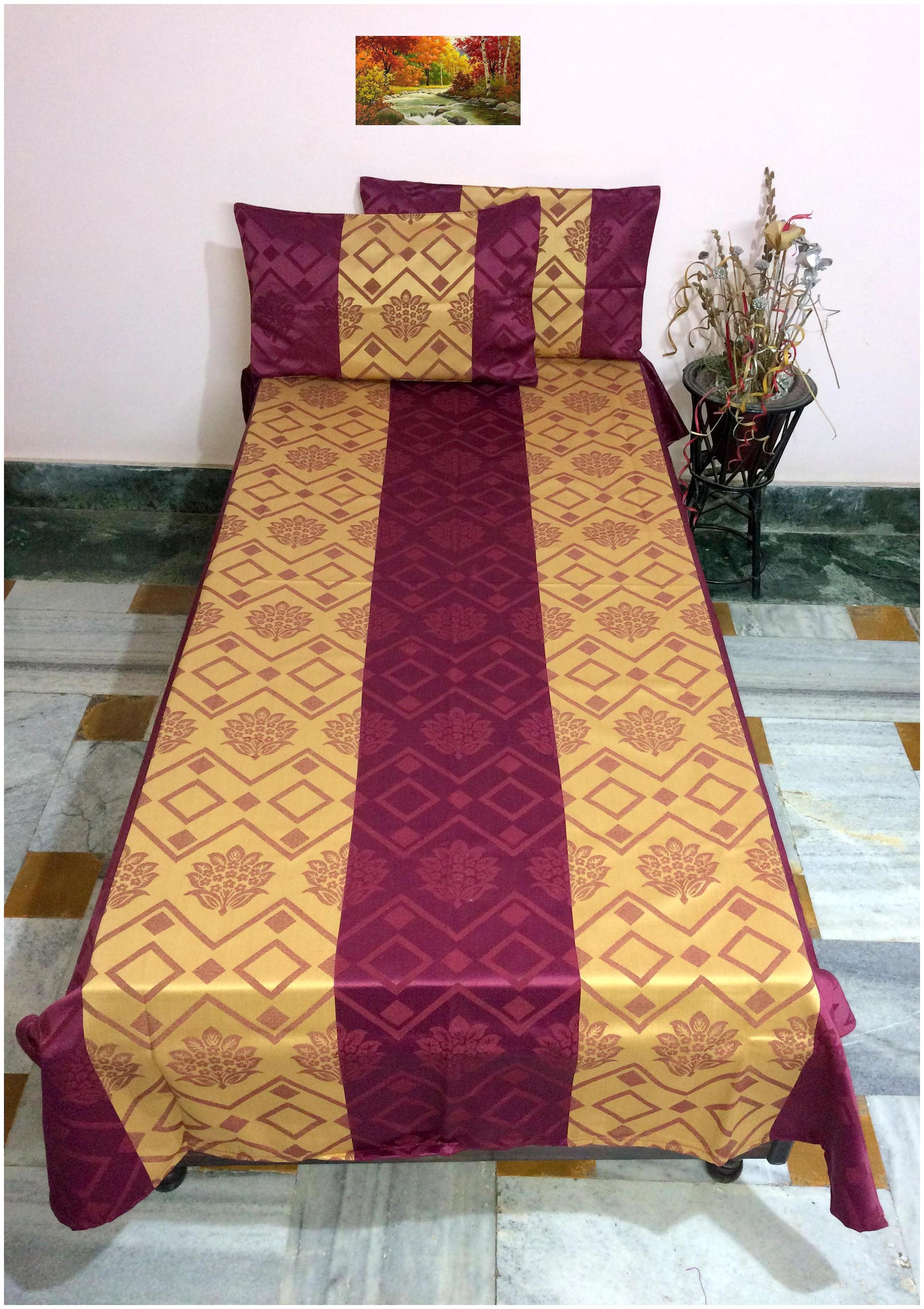 

A H ENTERPRISES Silk Geometric Single Size Bedsheet 200 TC ( 1 Bedsheet With 2 Pillow Covers Purple Golden )