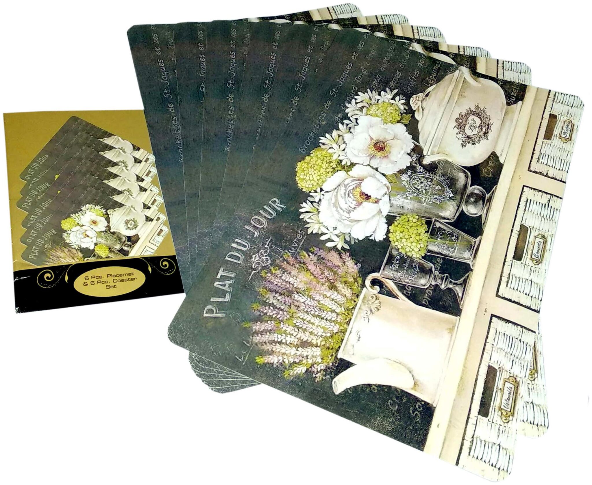 

A H Enterprises Set of 6 pcs Plastic Dining Table Placemats TableMats Set with 6 pcs Tea Coaster Set Floral Design - Grey color