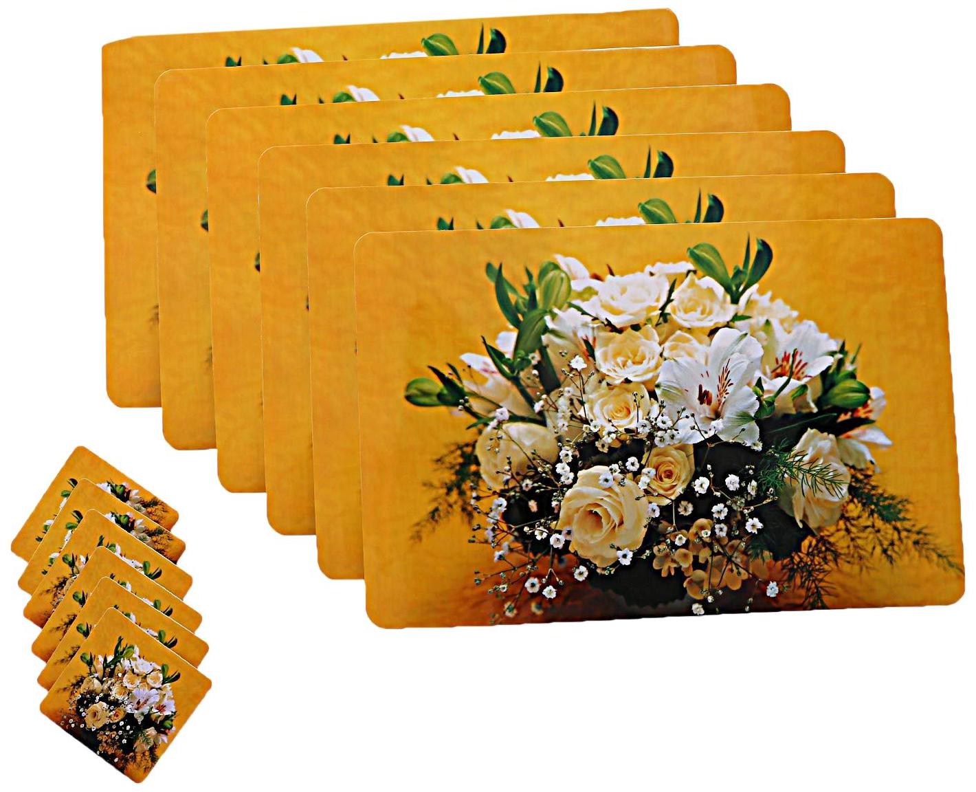 

A H Enterprises Floral Pot Design Set Of 6 Piece Dining Table Placemat Table Mats Set With Tea Coasters - Yellow Color