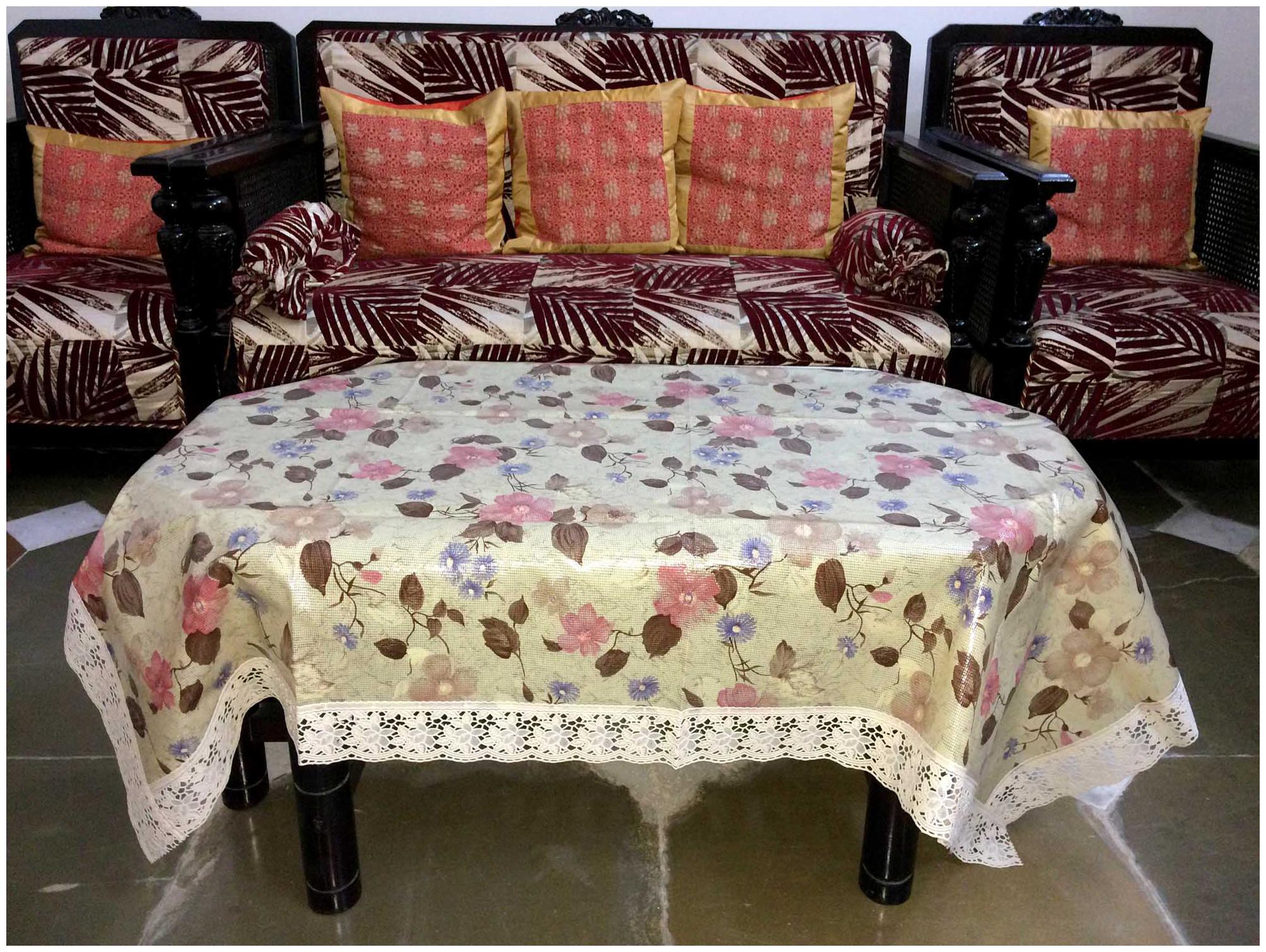 

A H Enterprises 4 Seater Centre Table Cover For Drawing Room Heavy Plastic Floral Design With Lace For Centre Table