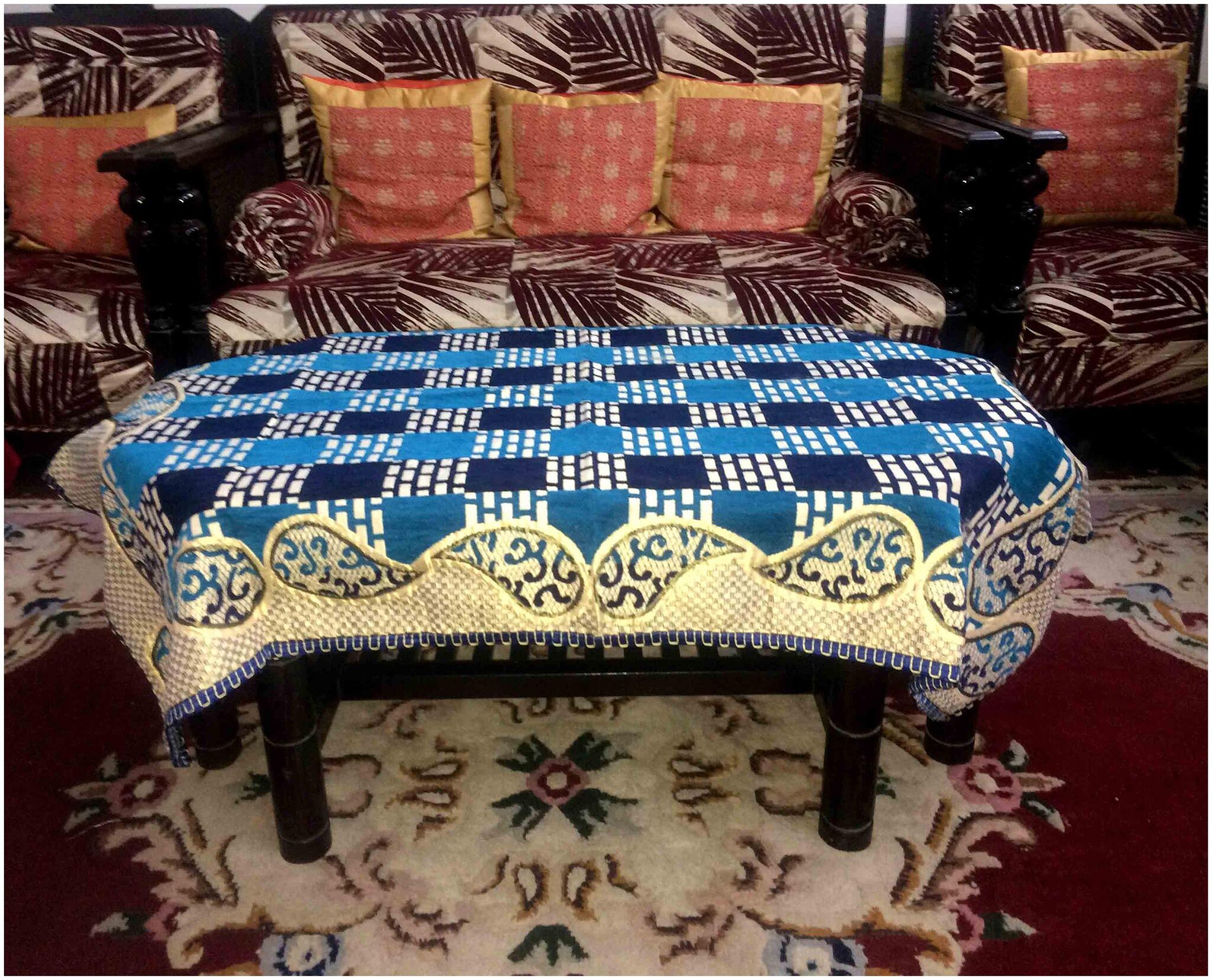 

A H Enterprises 4 Seater Centre Table Cover For Living Room Synthetic Checks Design Blue color ( Set of 1)