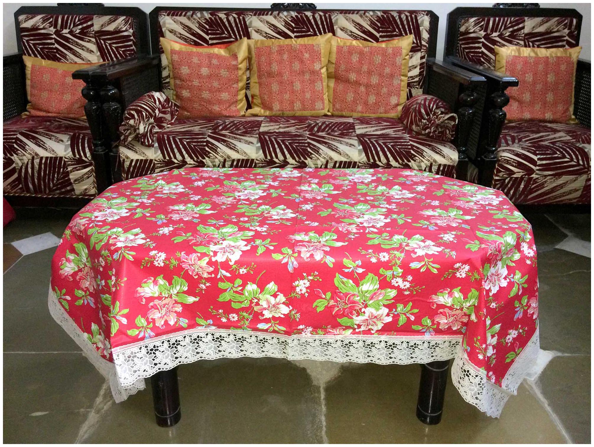

A H Enterprises 4 Seater Centre Table Cover For Drawing Room Heavy Plastic Flower Design With Lace For Centre Table