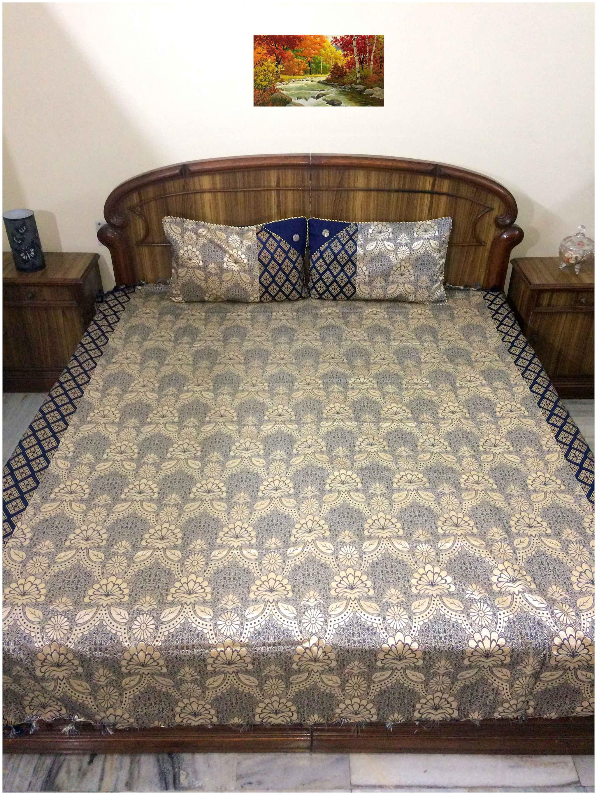 

A H ENTERPRISES Silk Floral Double Size Bedsheet 200 TC ( 1 Bedsheet With 2 Pillow Covers Blue Golden )