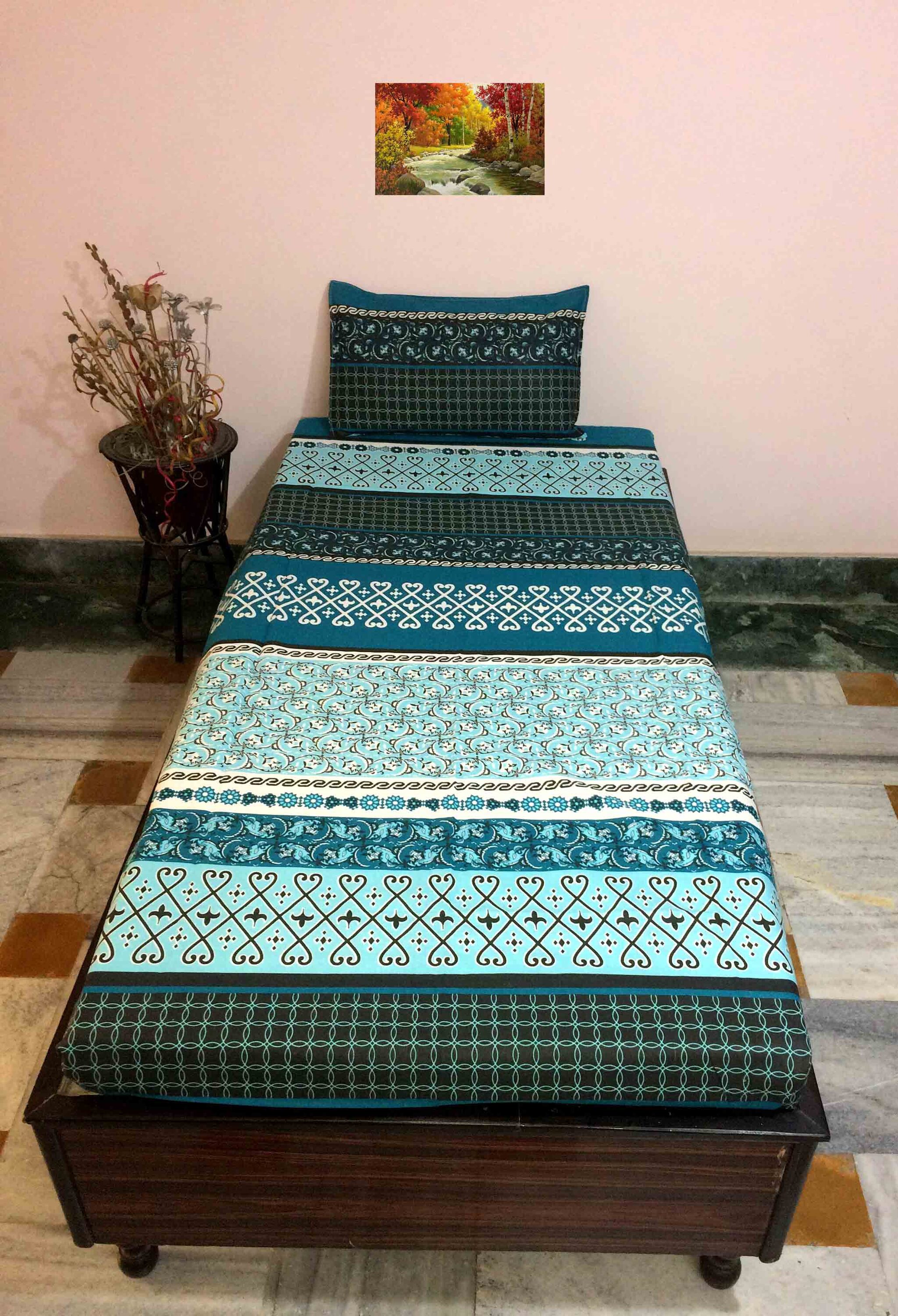 

A H ENTERPRISES Cotton Printed Single Size Bedsheet 200 TC ( 1 Bedsheet With 1 Pillow Covers Blue )
