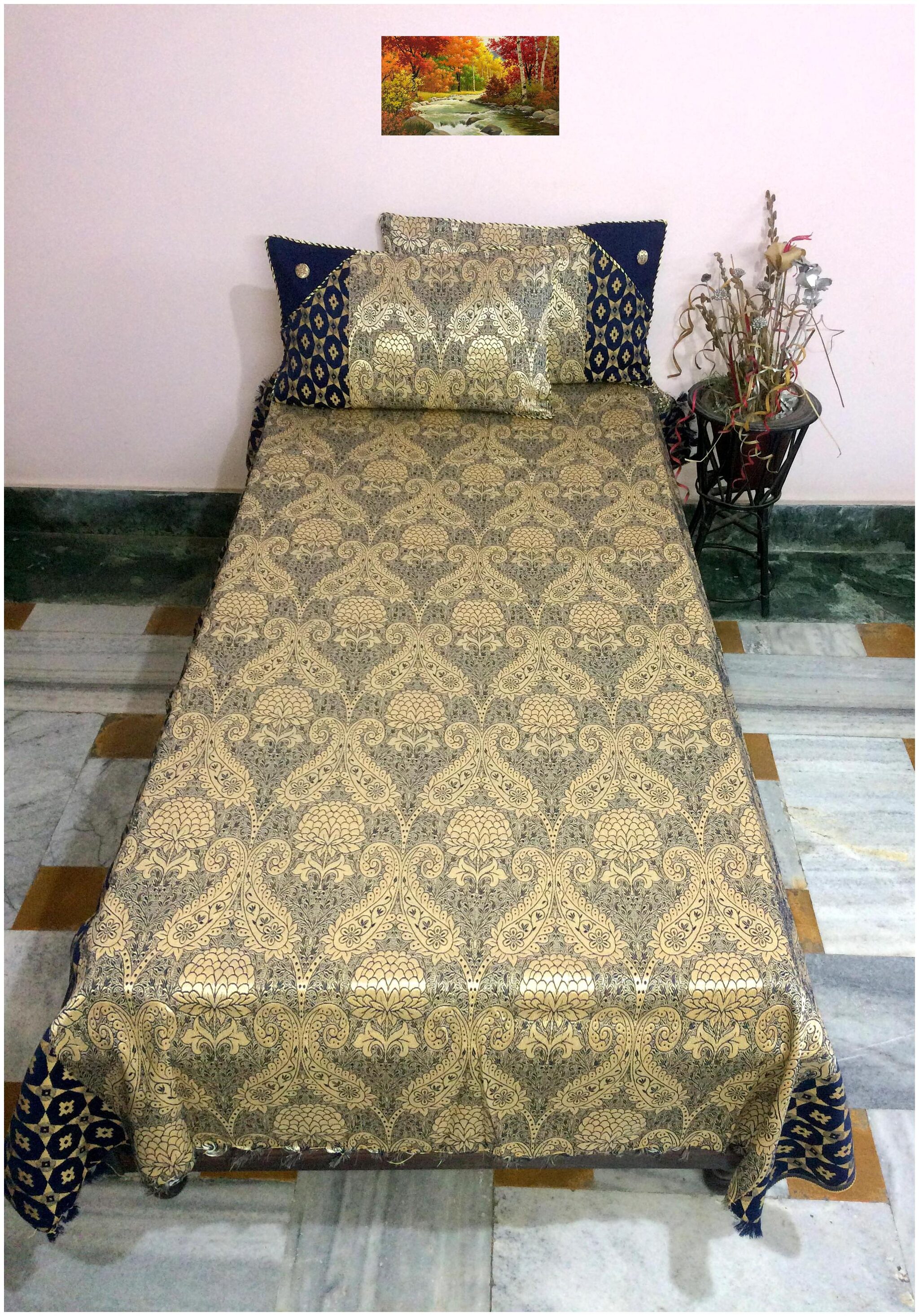 

A H ENTERPRISES Silk Floral Single Size Bedsheet 200 TC ( 1 Bedsheet With 2 Pillow Covers Blue Golden )