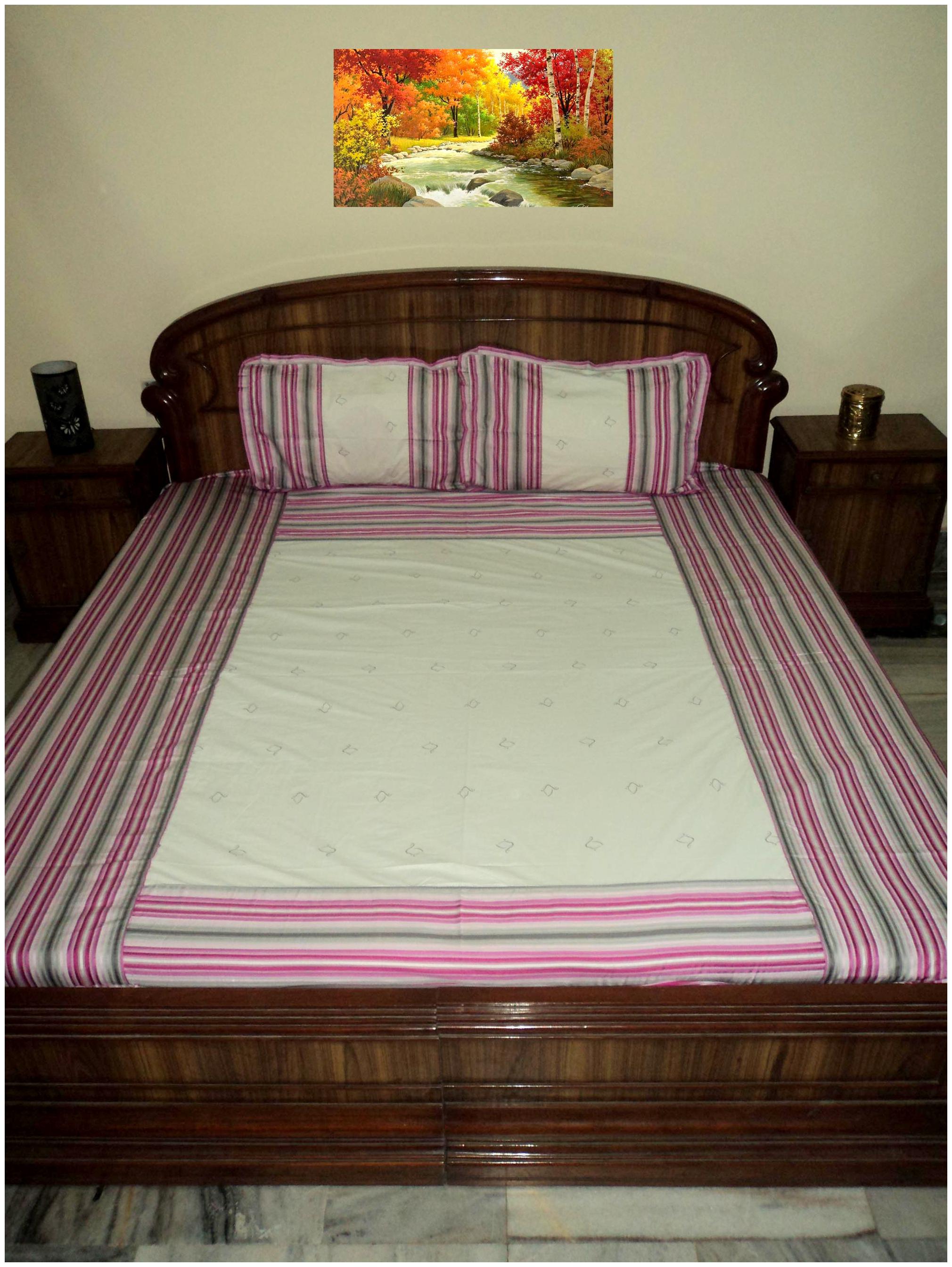 

A H ENTERPRISES Cotton Striped Double Size Bedsheet 140 TC ( 1 Bedsheet With 2 Pillow Covers Pink White )