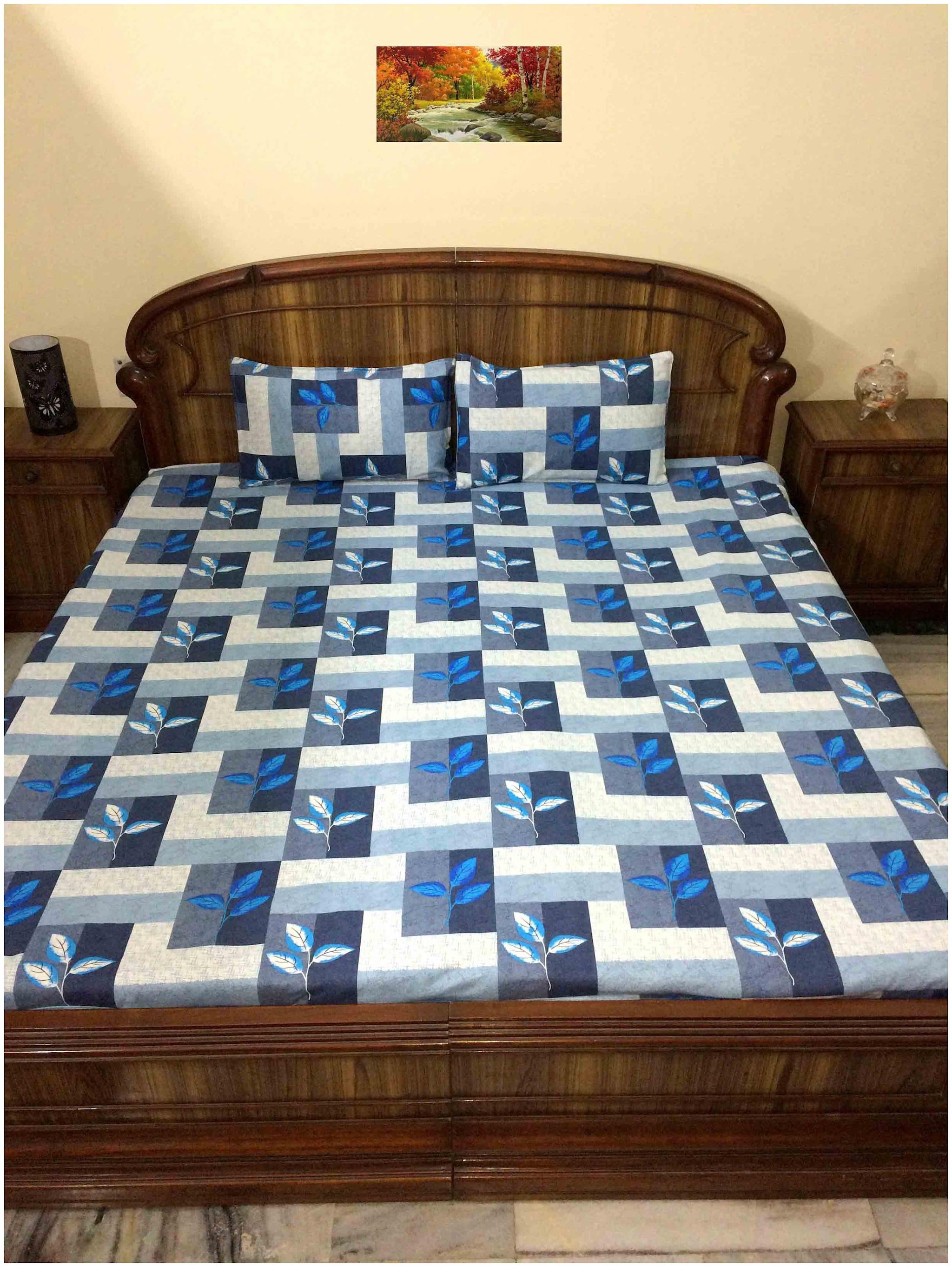 

A H ENTERPRISES Cotton Printed Queen Size Bedsheet 300 TC ( 1 Bedsheet With 2 Pillow Covers Blue )