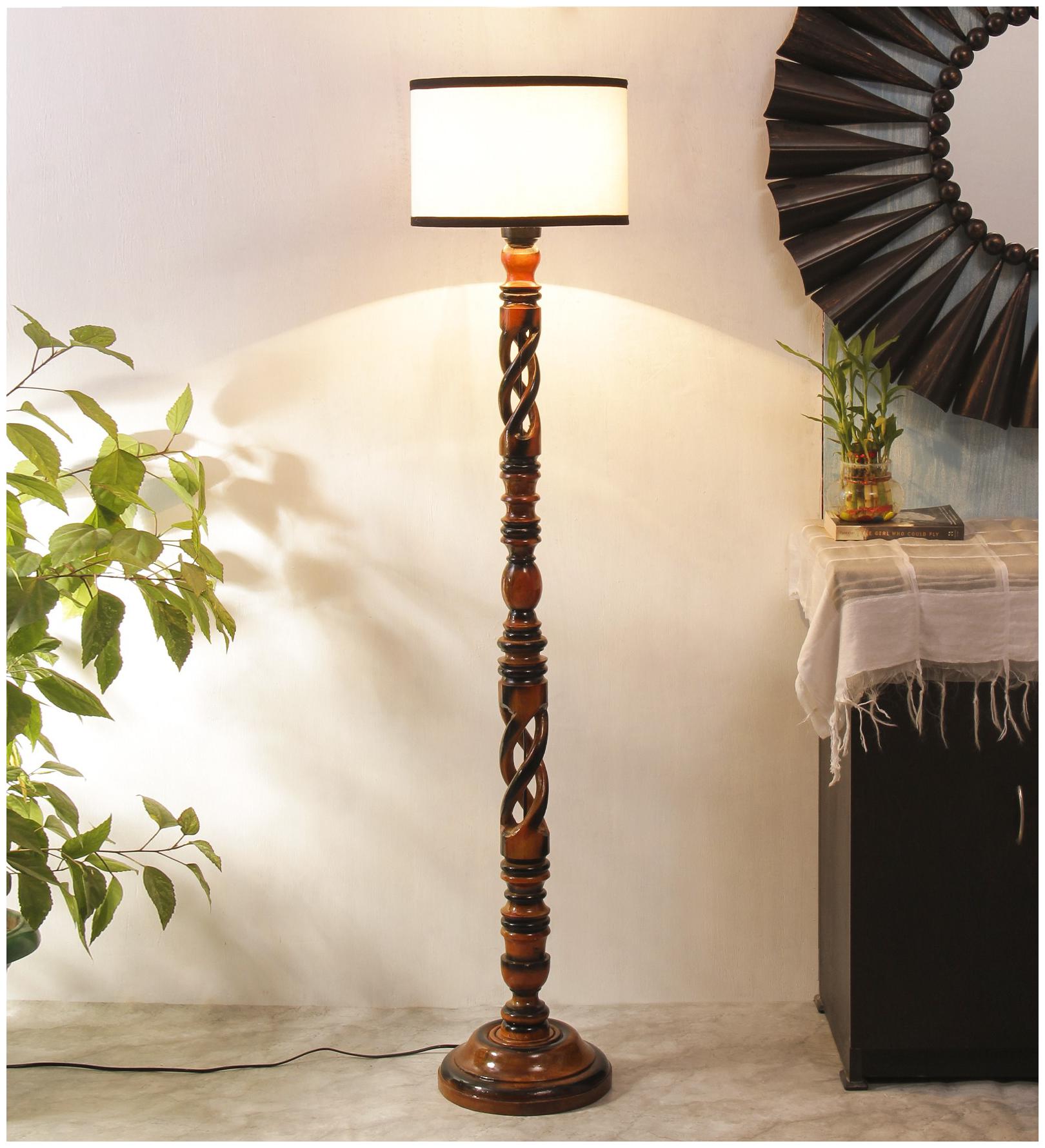 

A322 Devansh Off white Black Cotton Drum Designer Fashionable Wooden Floor Lamp for Home Decor (Off White Black Medium)