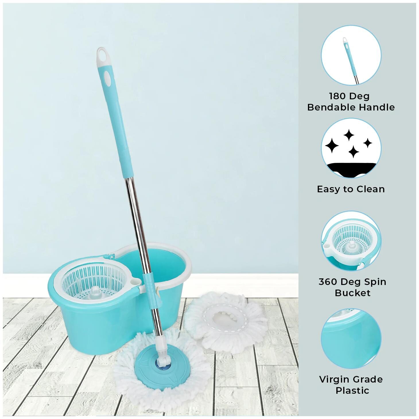 

Ab ware Spin Bucket Mop with 2 Refills- Super Absorbent Refills for All Type of Floors 360 deg Spin Bucket 180 deg Bendable Handle for Perfect Cleaning