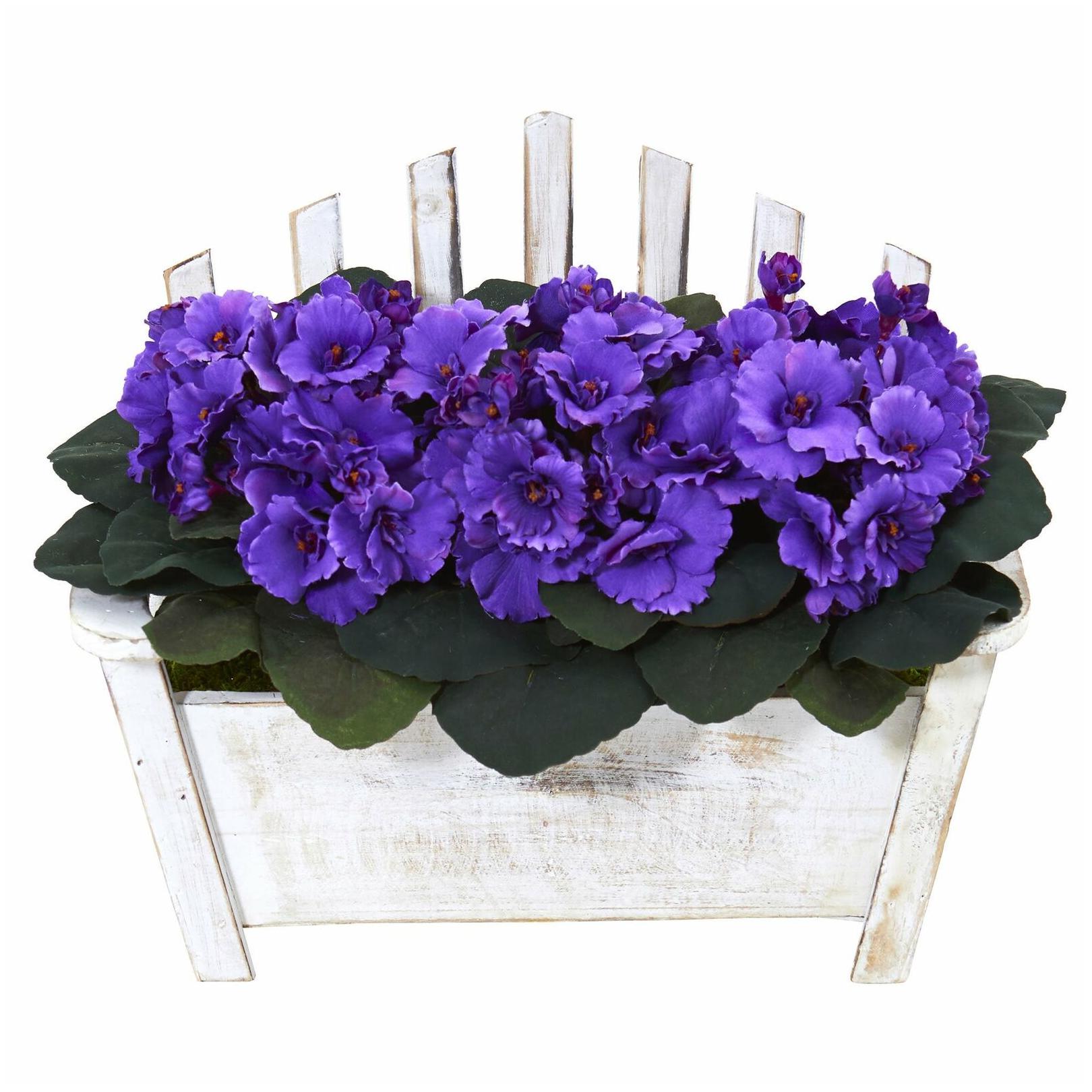 

African Violet Artificial Plant in Wooden Bench Planter