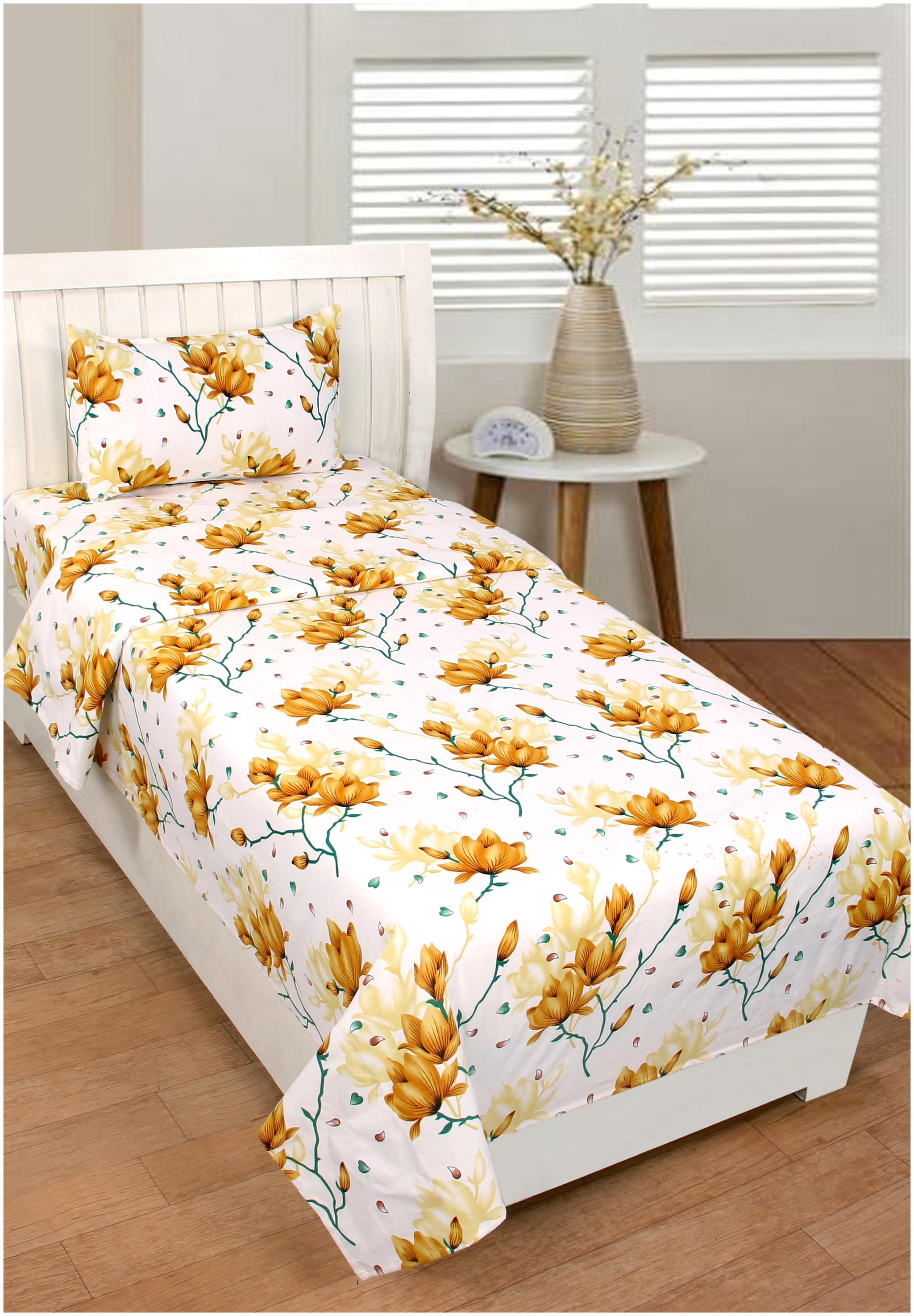 

Akin Microfiber Floral Single Size Bedsheet 160 TC ( 1 Bedsheet With 1 Pillow Covers White Yellow )