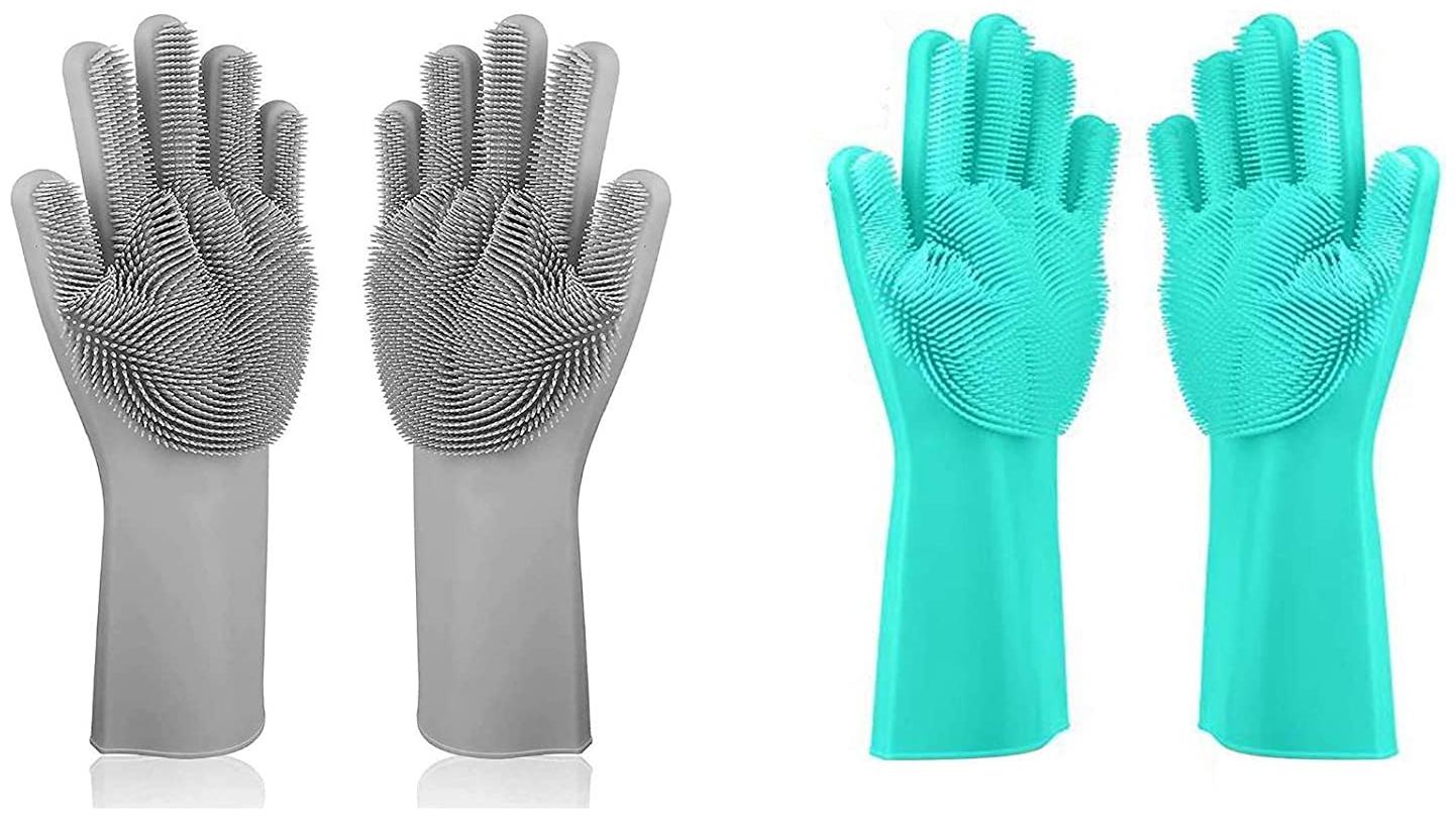 

Alciono Magic Dishwashing Gloves with Scrubber Silicone Cleaning Reusable Scrub Gloves for Wash Dish Kitchen Bathroom
