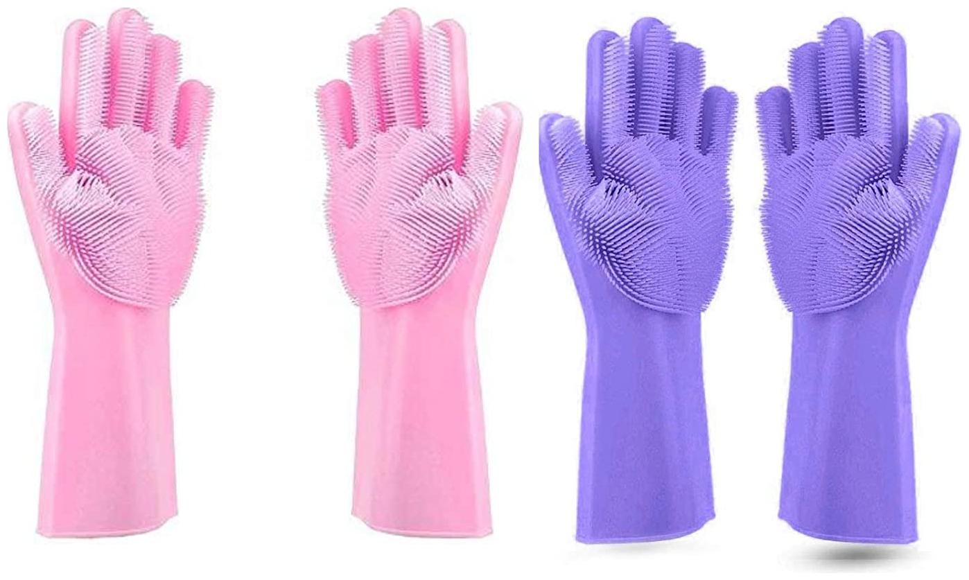 

Alciono Magic Dishwashing Gloves with Scrubber Silicone Cleaning Reusable Scrub Gloves for Wash Dish Kitchen Bathroom