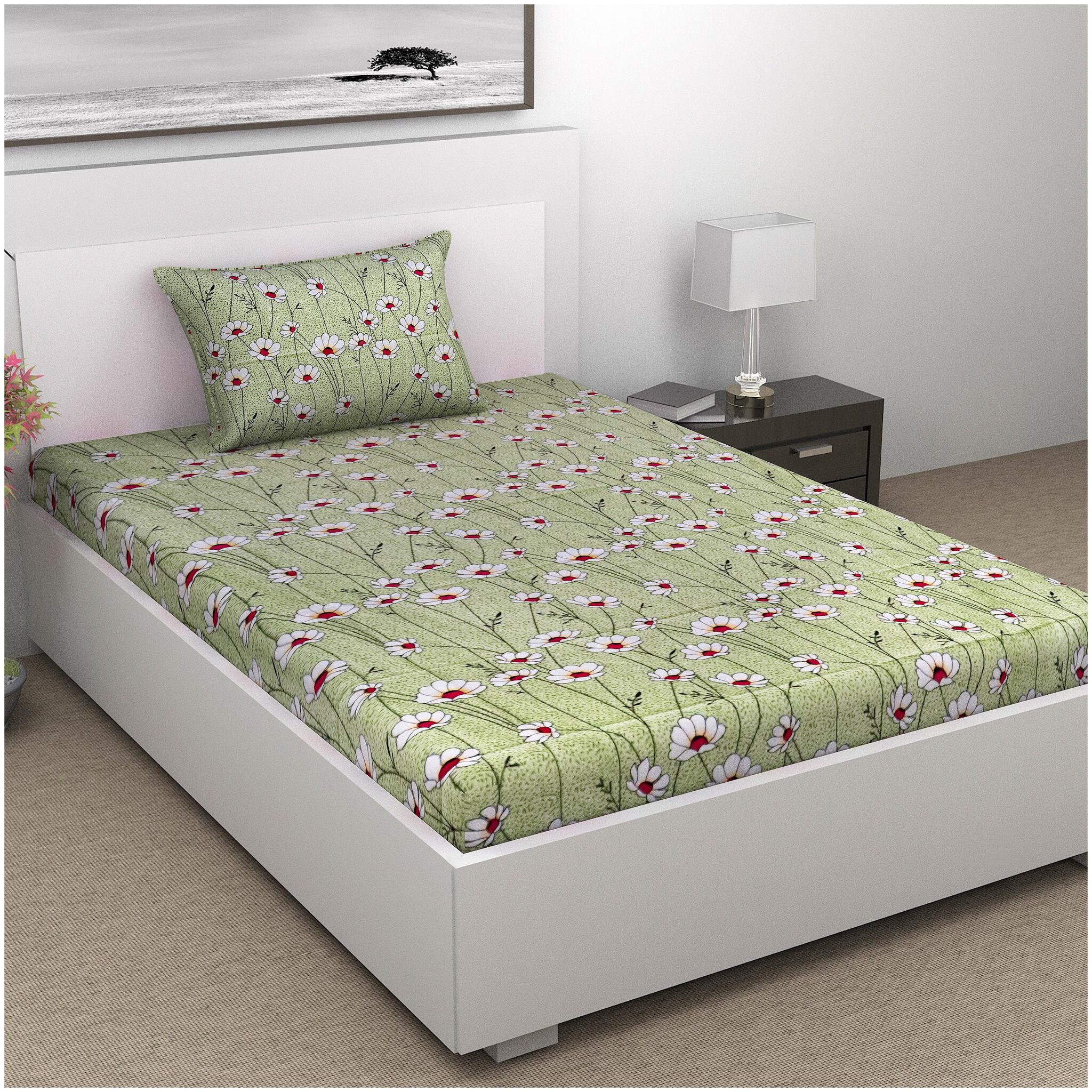 

ALIVE-Live The LIFE Cotton Floral Single Size Bedsheet 144 TC ( 1 Bedsheet With 1 Pillow Covers Green )