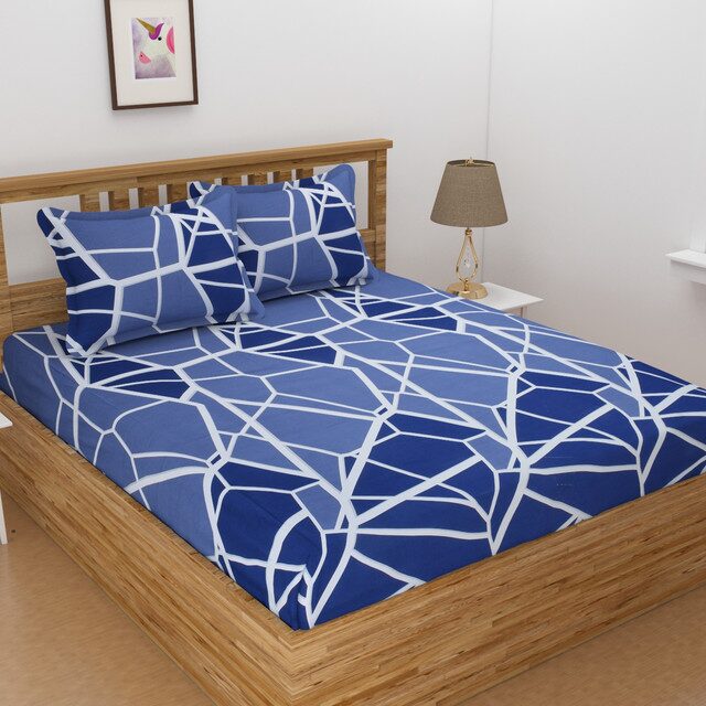 

ALLIANCE Cotton Geometric King Size Bedsheet 400 TC ( 1 Bedsheet With 2 Pillow Covers Blue )