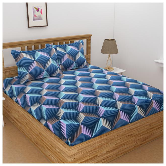 

ALLIANCE Cotton Geometric King Size Bedsheet 400 TC ( 1 Bedsheet With 2 Pillow Covers Blue )
