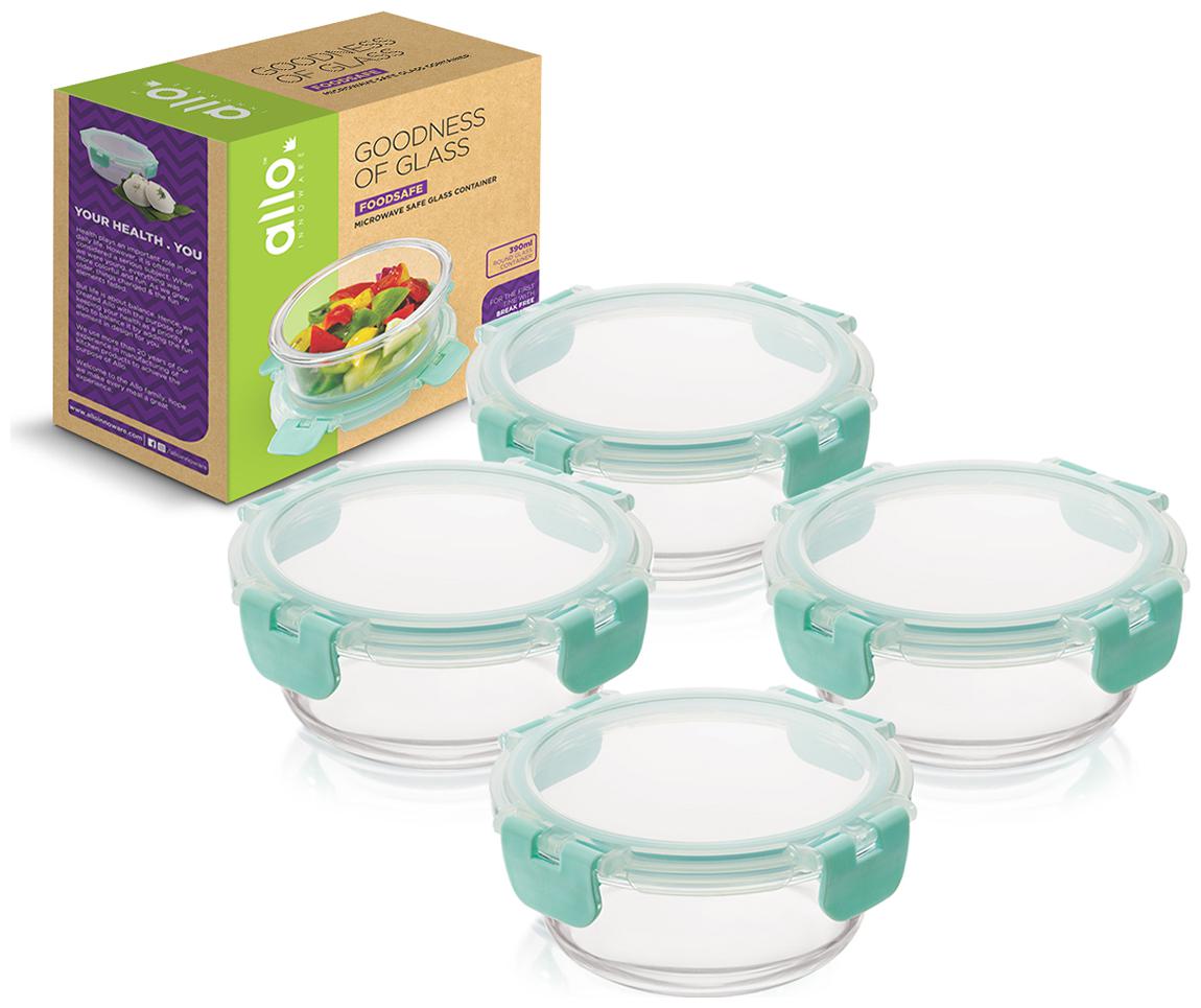 

Allo 4 Containers FoodSafe Microwave Safe Glass Container with Break Free Detachable Lock Leakproof High Borosilicate Round 390ml