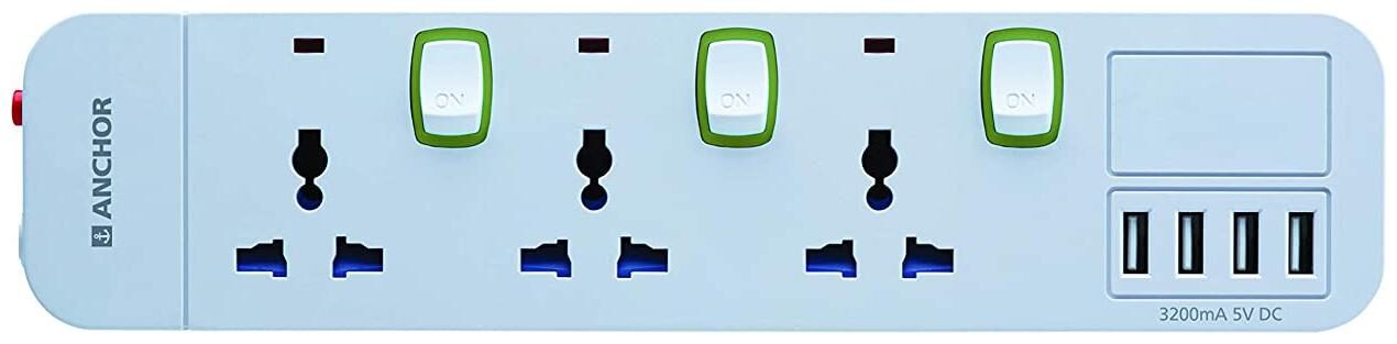 Anchor Spike Guard 3 Socket + 4 USB with Individual Switch
