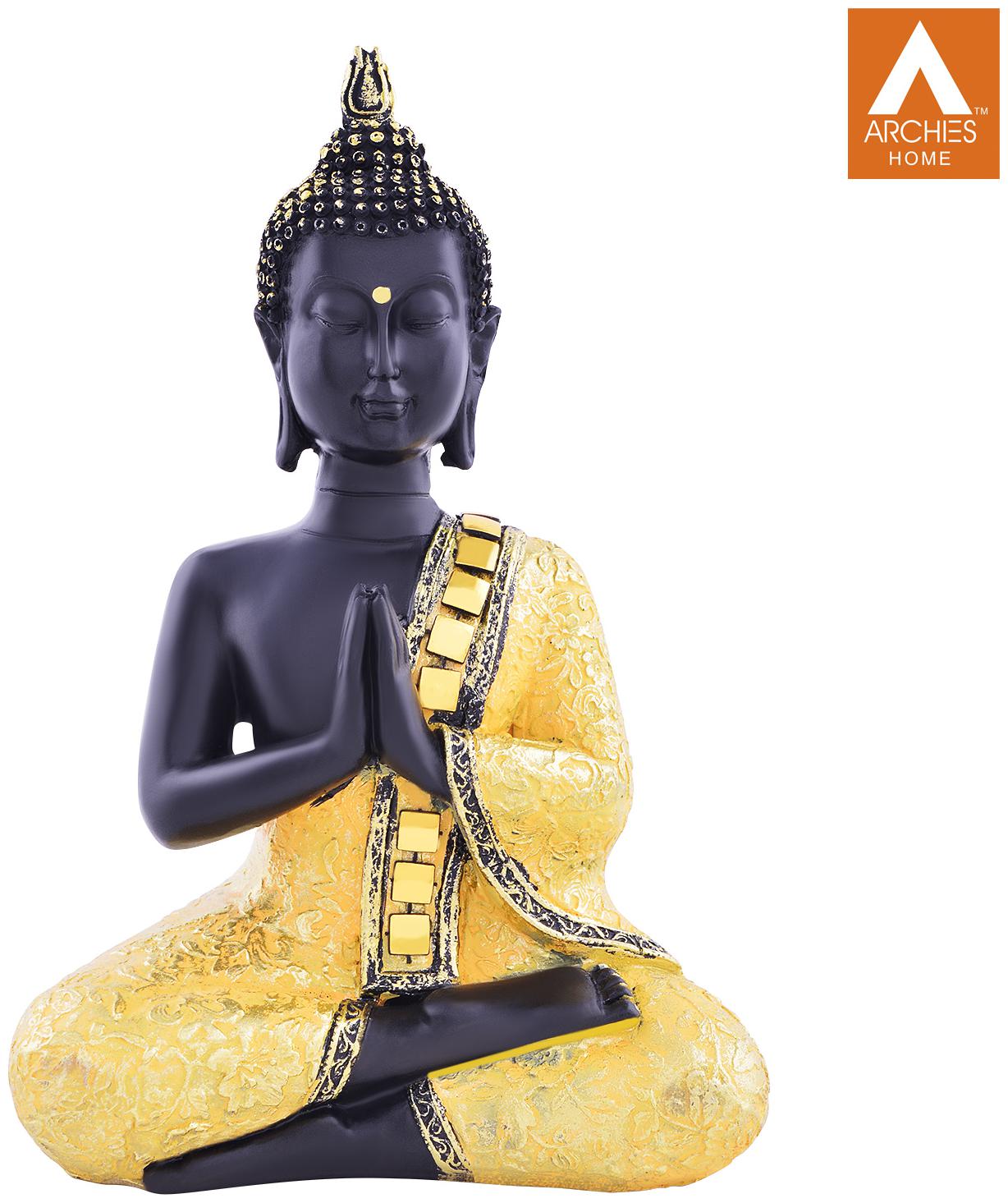 

Archies Buddha Idol In Anjali Mudra Aesthetic Decors With Golden Mirror Black And Gold Polyresin Decor (20 6X14Cm )