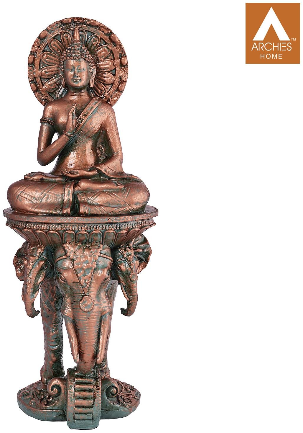 

Archies Buddha Statue In Abhaya Mudra Sitting On Erawan Showpiece (28 5X11Cm ) Green And Bronze Polyresin Decor