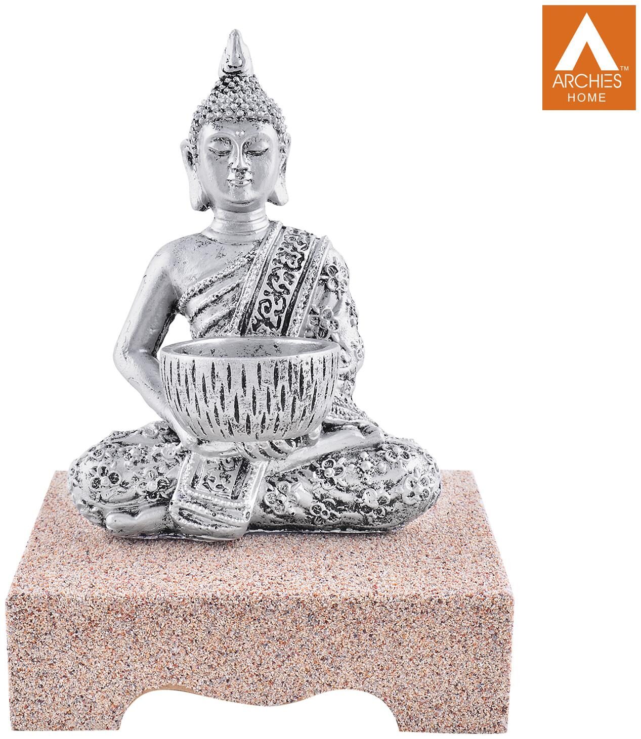 

Archies Buddha Candle Holder Showpiece Item With Mdf Granite Rock Pedestal Unit Silver And Brown Polyresin Decor (17X13 2Cm )