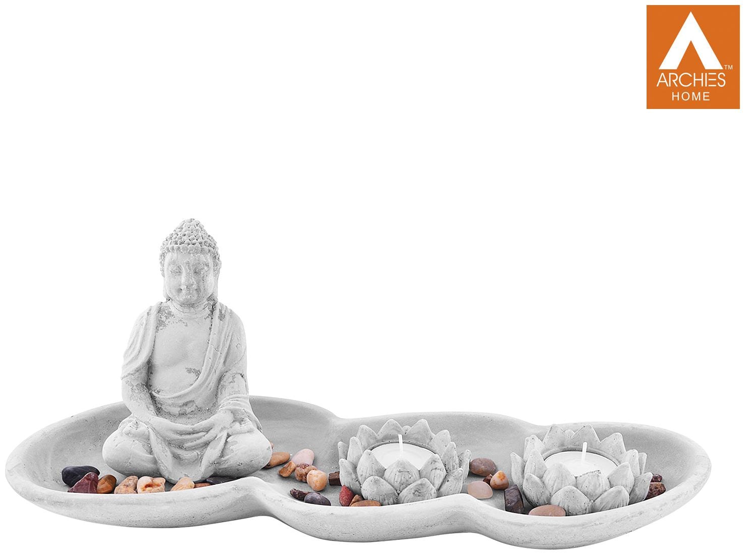 

Archies Buddha Statue Set-Stone Slab Plate Holder (34X14Cm ) Pebbles Stones 2 Lotus Mould Diya For Pooja Stonegrey Polyresin Set Of 5