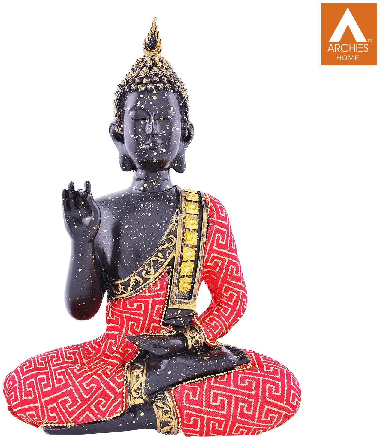 

Archies Buddha Statue In Vitarka Mudra Showpiece For Home Decoration Spiritual Vastu Fengshui Items Black And Red Polyresin Decor (22 5X16Cm )