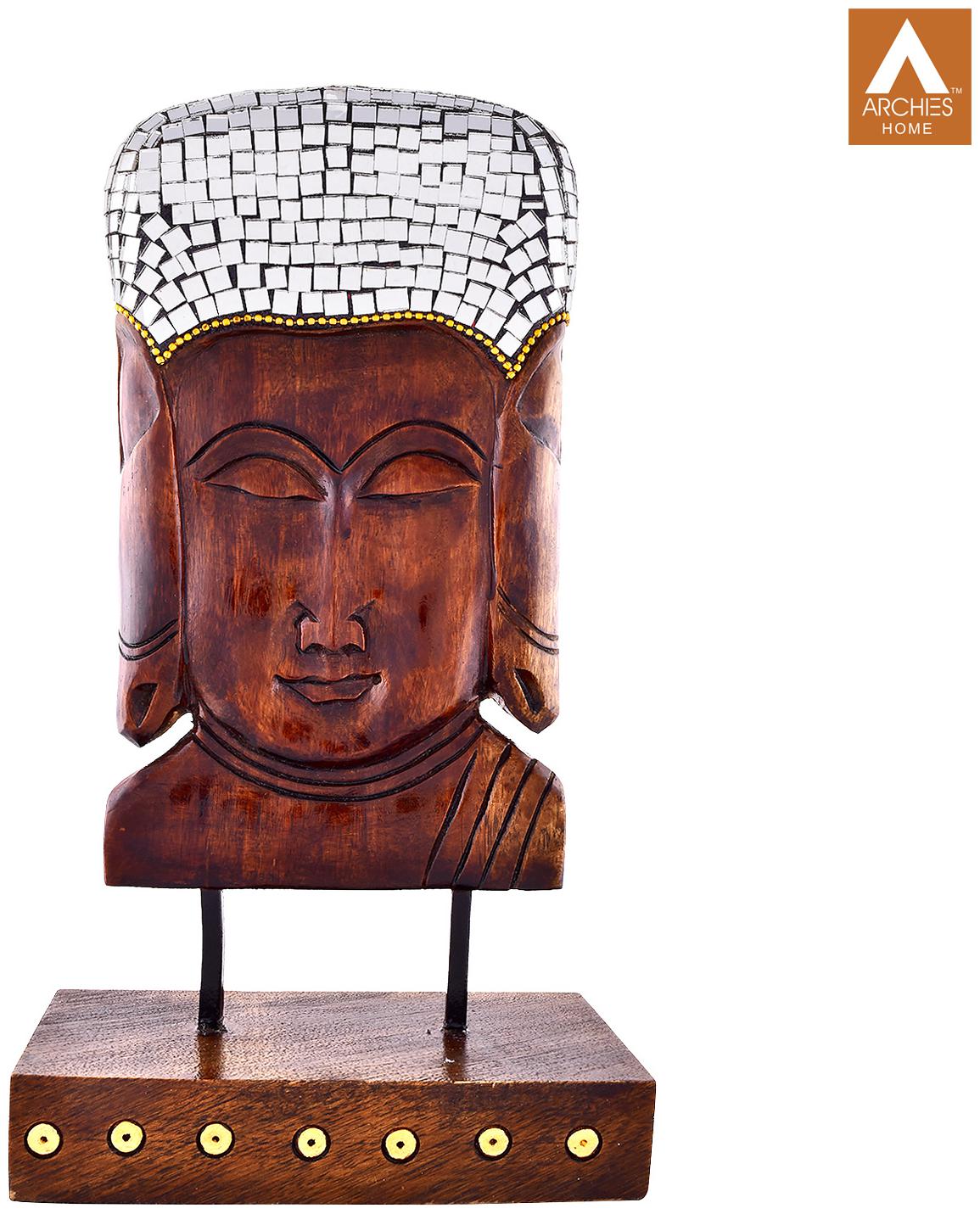

Archies Wooden Buddha Mirror Piece Head Statue Range Finest Quality Home De Cor Product Decorative Accessory For Your Home Or Office Wood Brown