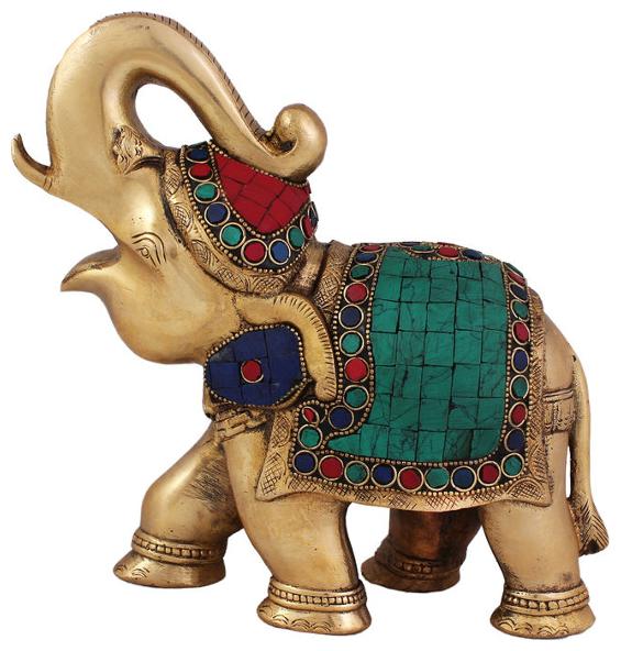 

Arihant Craft Ethnic Decor Elephant Standing Trunk Up Statue Sculpture Showpiece Stone Work 21 cm (Brass Multicolour)