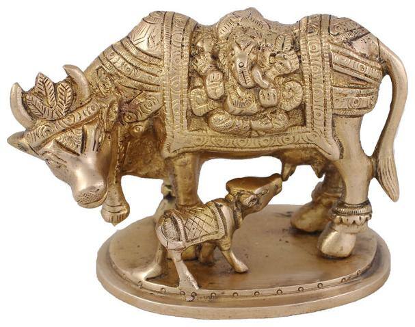 Arihant Craft Cow N Calf Idol Cow and Calf Statue Sculpture Hand Work Showpiece   9.3 cm (Brass;Gold)