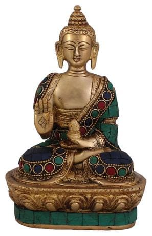 Arihant Craft Ethnic Decor Lord Buddha Idol Buddha Statue Sculpture Turquoise Stone Showpiece   17.5 cm (Brass;Multicolour)