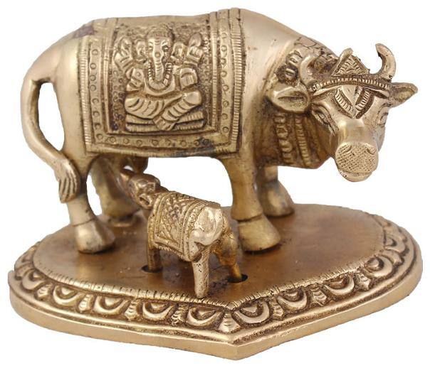 Arihant Craft Cow N Calf Idol Cow and Calf Statue Sculpture Hand Work Showpiece   6.9 cm (Brass;Gold)
