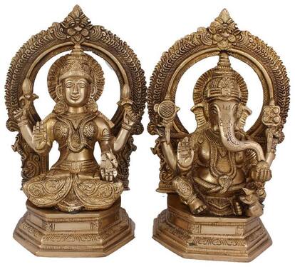 Arihant Craft Hindu God Lakshmi Ganesha Idol Statue Sculpture Hand Work Showpiece   24.5 cm (Brass;Gold)