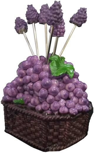 Aromora Grape Shaped Fork Stand with Fruit Shaped Forks (Set of 6 Fruit Shape Fork)| Artificial Fruits for Home Decor Dinning Table Decorative Items Fruit Fork Holder | Fork set Holder Fruits Style
