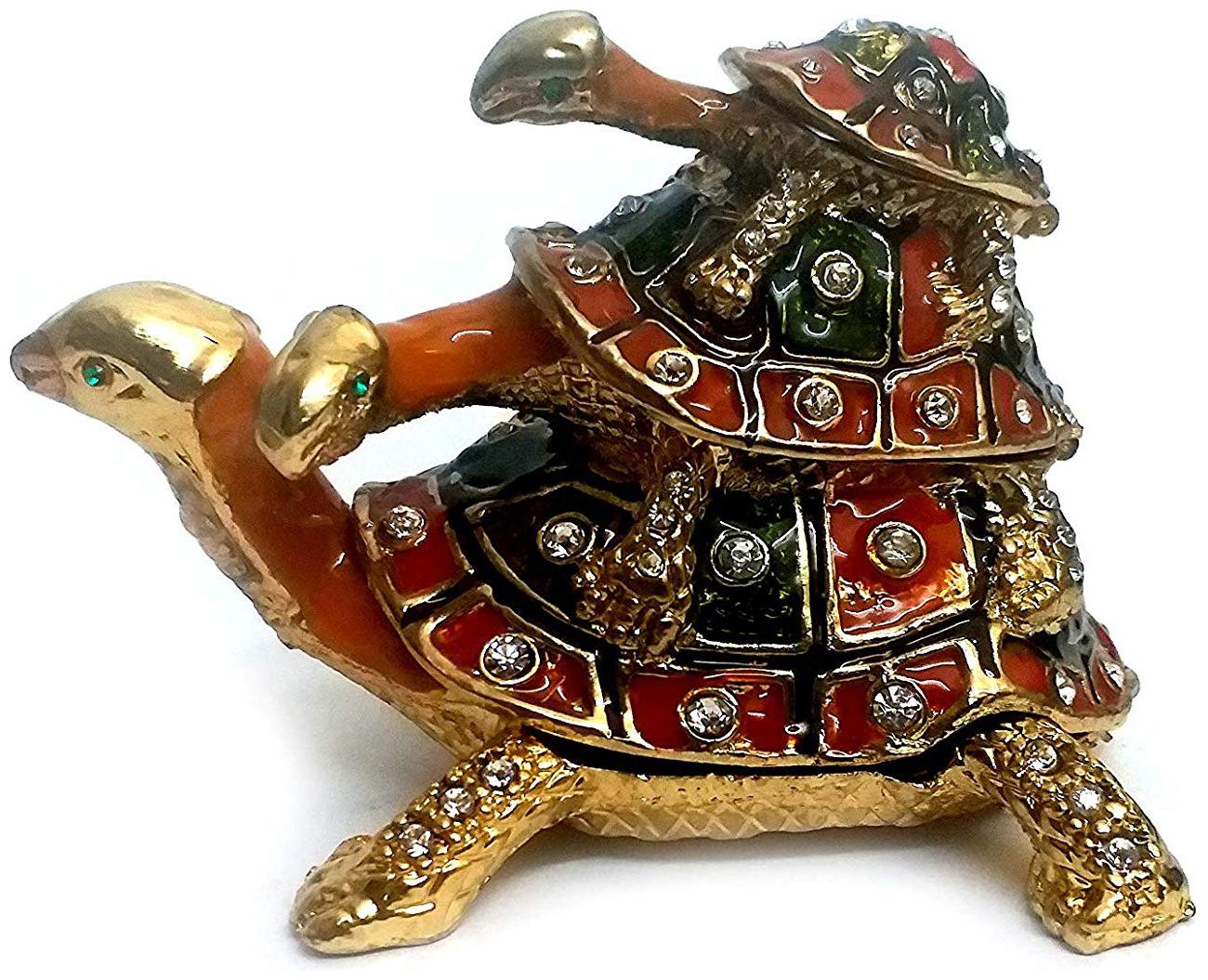 

Astrocrystals9 Bejeweled Metal Triple Tortoise Of Harmony And Fortune With 2 Secret Wish Compartment