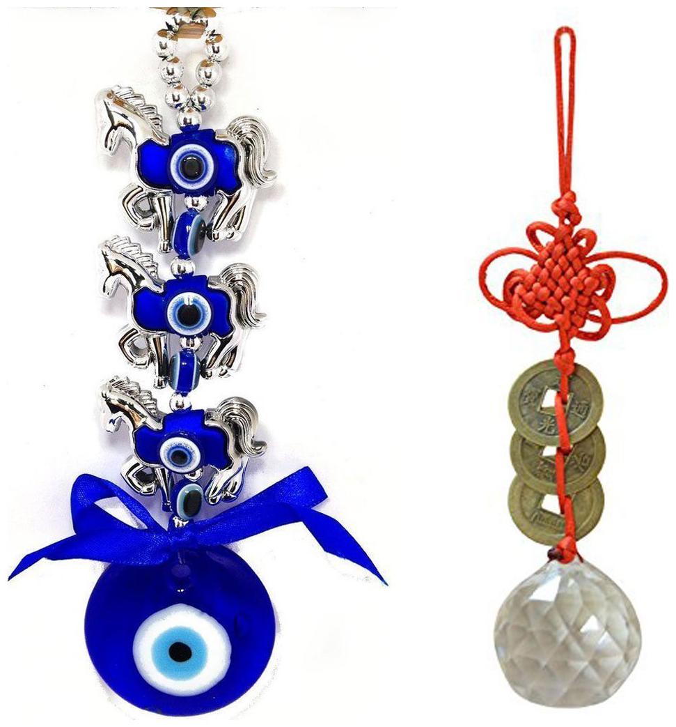 

Astrocrystals9 3 Horse Evil Eye and Crystal Ball Hanging For Good Luck