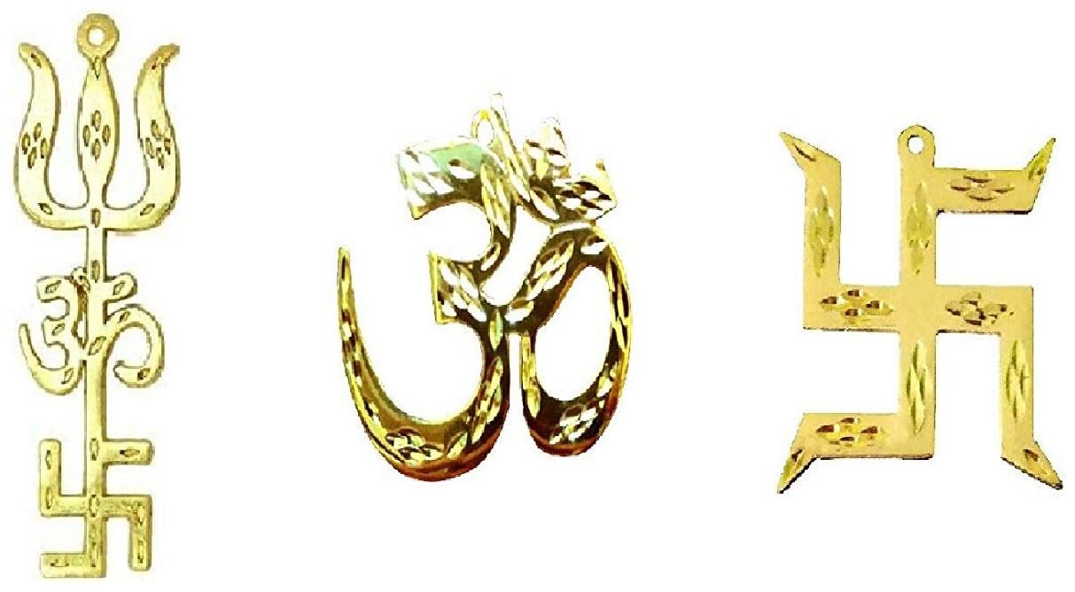 

Astrocrystals9 Brass Small Om Swastik And Trishakti Urja Symbols Set