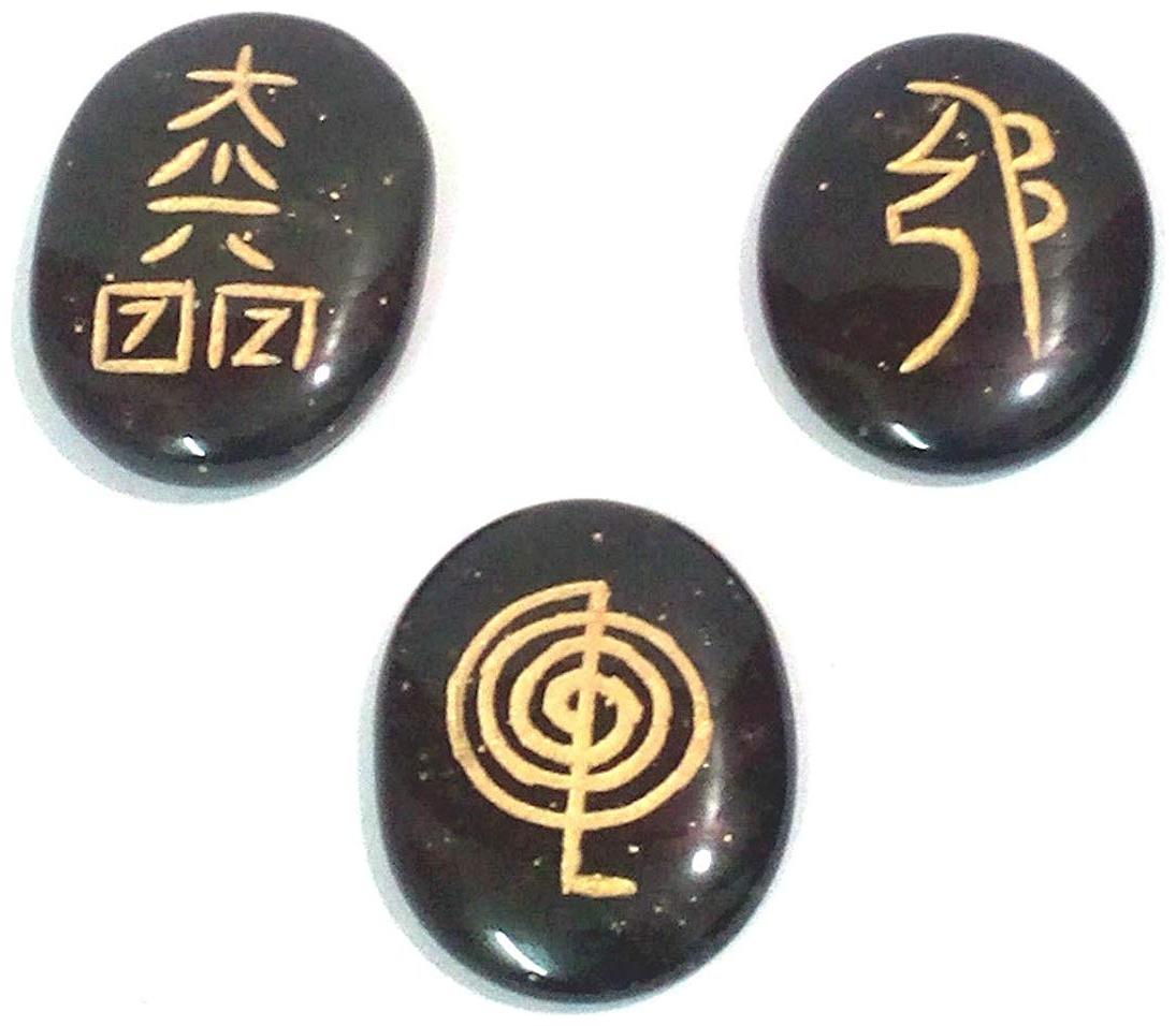 

Astrocrystals9 Black Tourmaline Reiki Symbols Engraved On Healing Palm Stones -Set Of 3