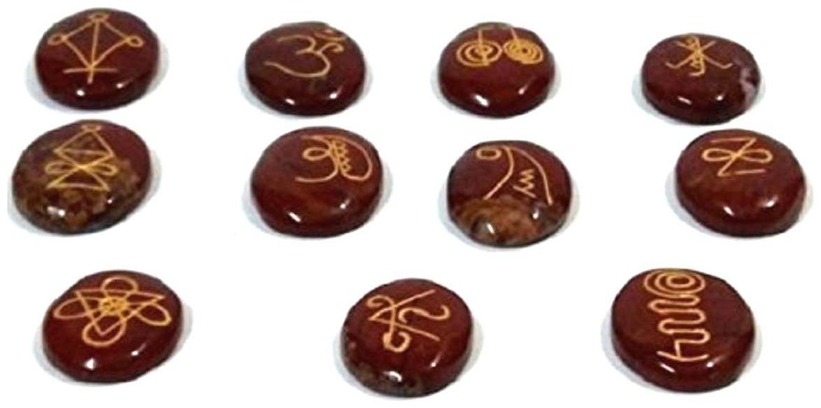 

Astrocrystals9 Karuna Reiki 11 Symbol Engraved Red Jasper Oval Stone Set