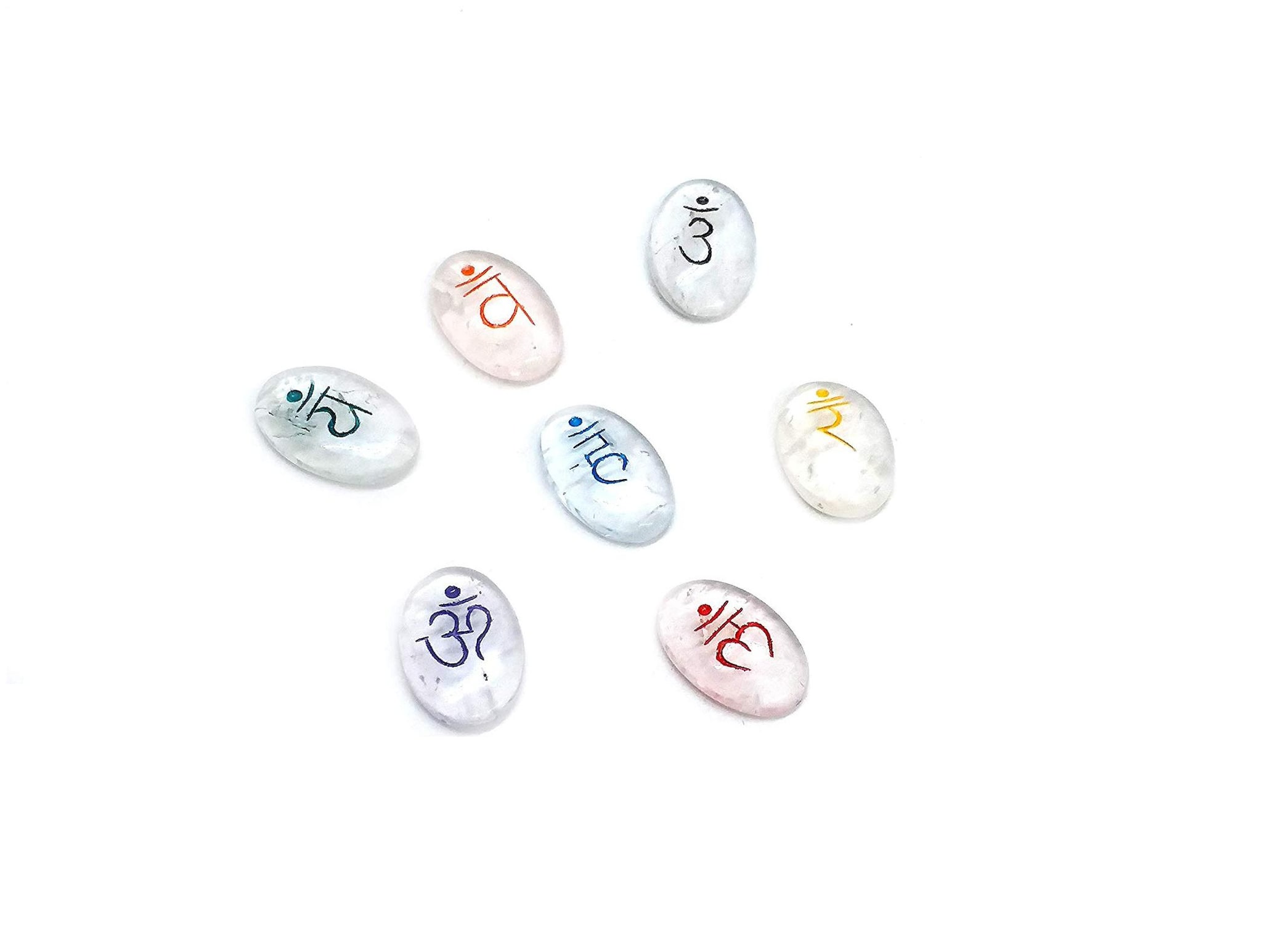 

Astrocrystals9 Clear Quartz Crystal Seven Chakra Sanskrit Symbol Engraved Oval Palm Stones Set