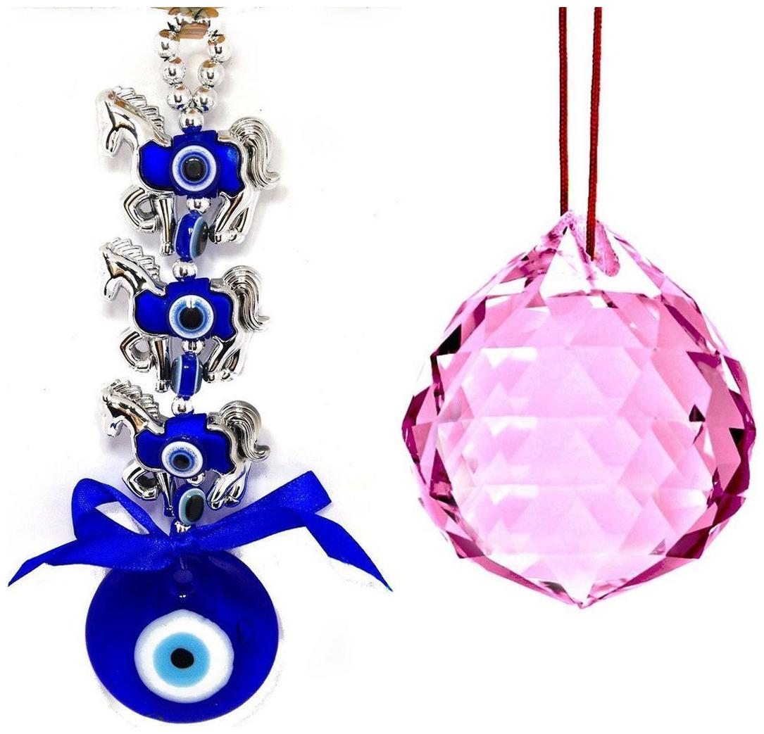 

Astrocrystals9 3 Horse Evil Eye Hanging and 40 Mm Pink Crystal Glass Ball Good Luck